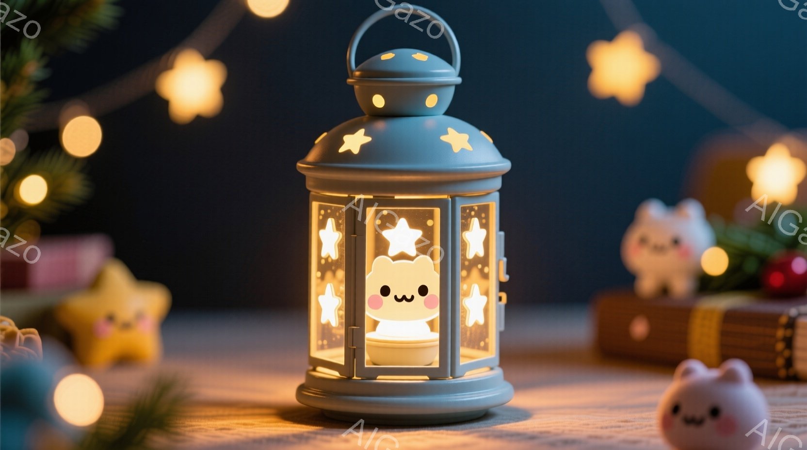 淡い水色の提灯の中に、かわいらしいクマのぬいぐるみが光っています。提灯は星の模様で飾られ、周囲には小さなクマのぬいぐるみやプレゼント、本などが配置されています。全体的に温かく、幻想的な雰囲気で、クリス - AI生成フリー素材