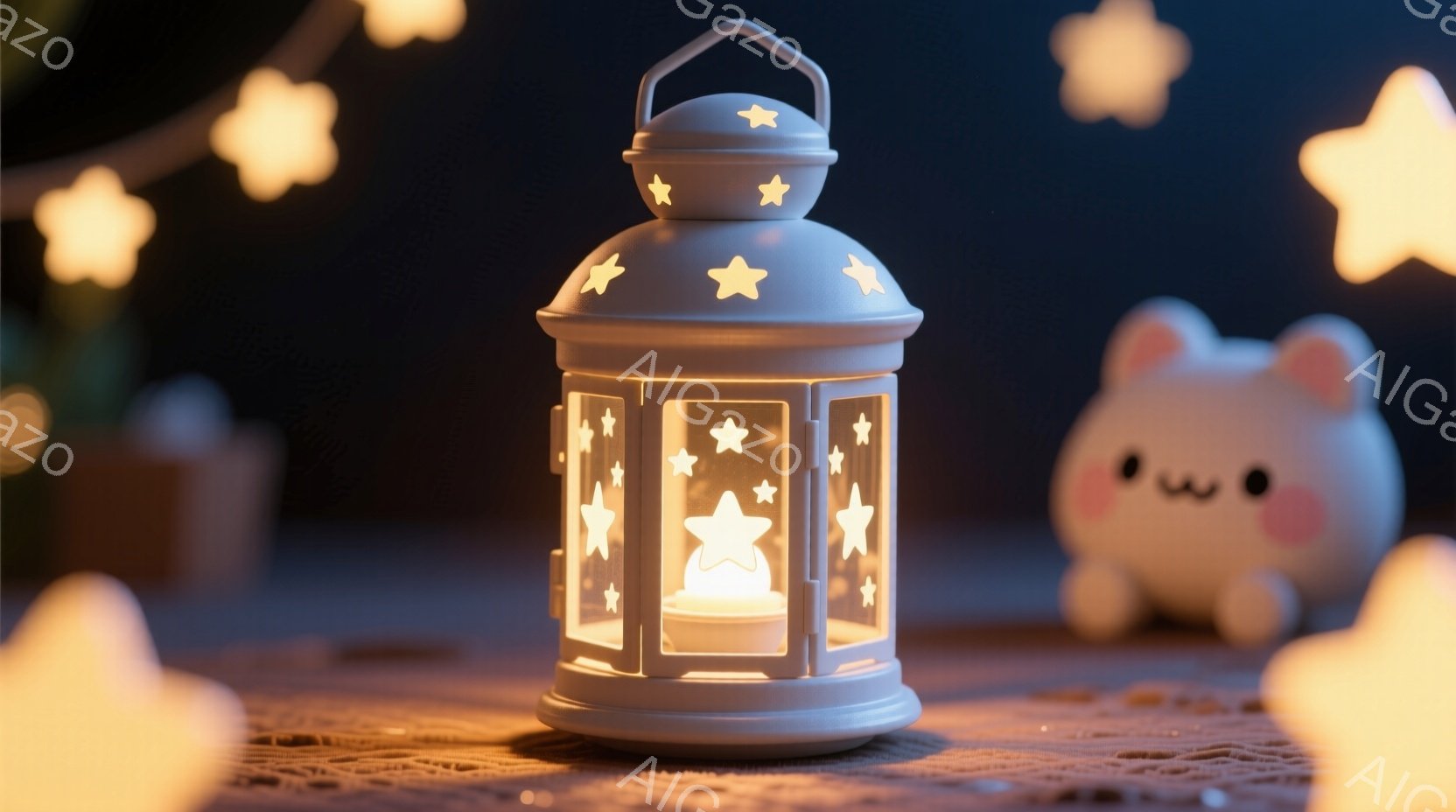 白い星形の透かし模様が入った提灯が、温かい光を放っている。提灯の隣には、可愛らしいピンク色のクマのぬいぐるみが置かれ、周囲にはぼんやりとした光の玉が散らばっている。全体的に、夢のような、幻想的な雰囲気 - AI生成フリー素材