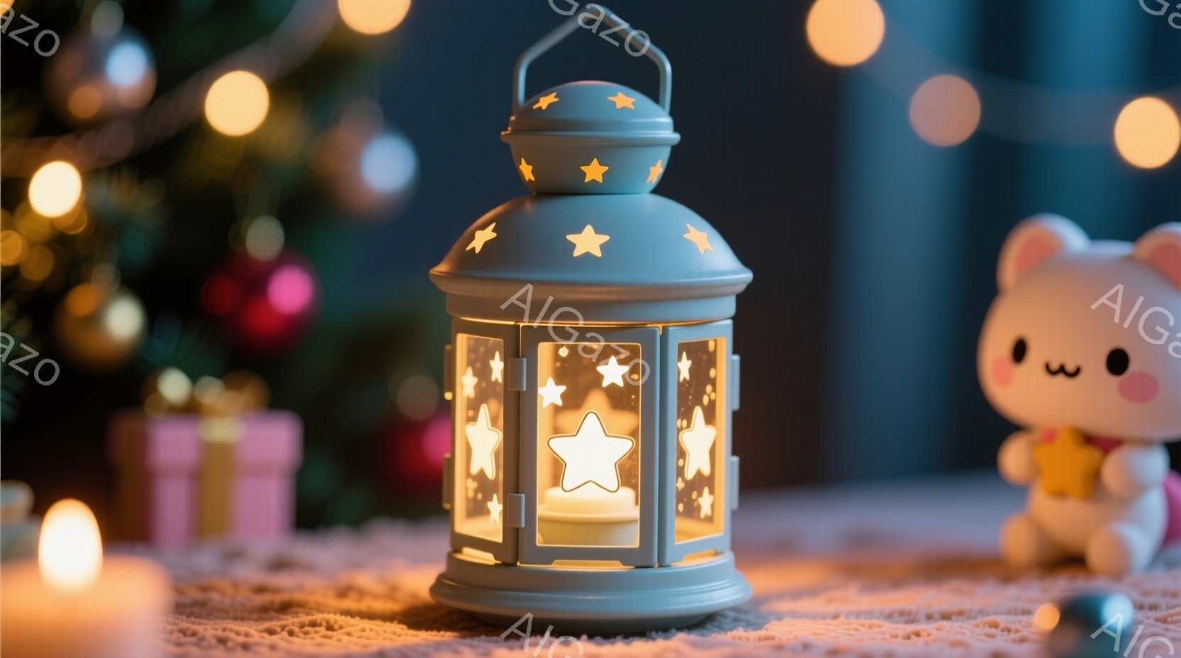 柔らかい光が灯る、星が散りばめられた水色のランタンが中央に配置されています。ランタンの隣には可愛らしいピンク色のウサギの置物が置かれ、背景にはぼやけたクリスマスツリーとプレゼントの箱が見えます。全体的 - AI生成フリー素材
