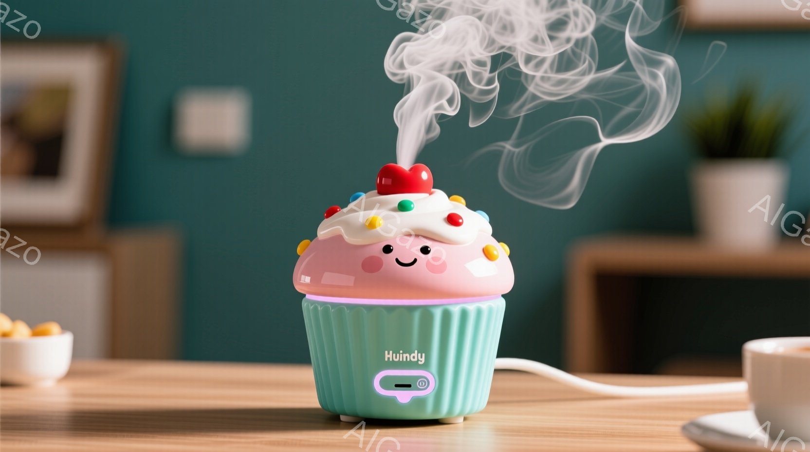 ターコイズ色のカップケーキ型をした加湿器が木製のテーブルの上に置かれています。ピンク色のクリームとカラフルなスプリンクル、赤いチェリーが可愛らしいデザインで、優しい笑顔が特徴です。背景には、黄色い花が入った小さな壺、コーヒーカップ、そしてぼやけた壁が見え、暖かく心地よい雰囲気を作り出しています。