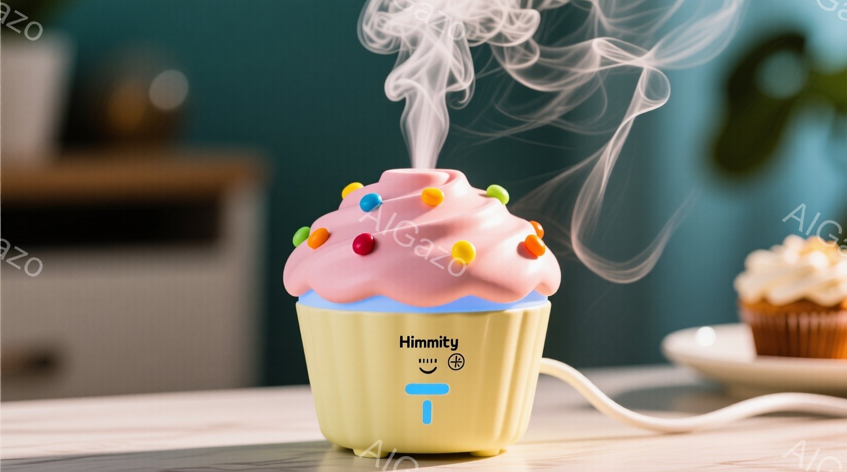 明るいピンク色のアイシングとカラフルなスプリンクルが施されたカップケーキ型の加湿器が中央に配置されています。加湿器からは白い蒸気が立ち上り、背景にはぼやけた色の壁と、さらに奥にはお皿に乗った別のカップケーキが見えます。全体的に明るく、可愛らしい雰囲気で、お菓子のようなデザインが特徴的です。