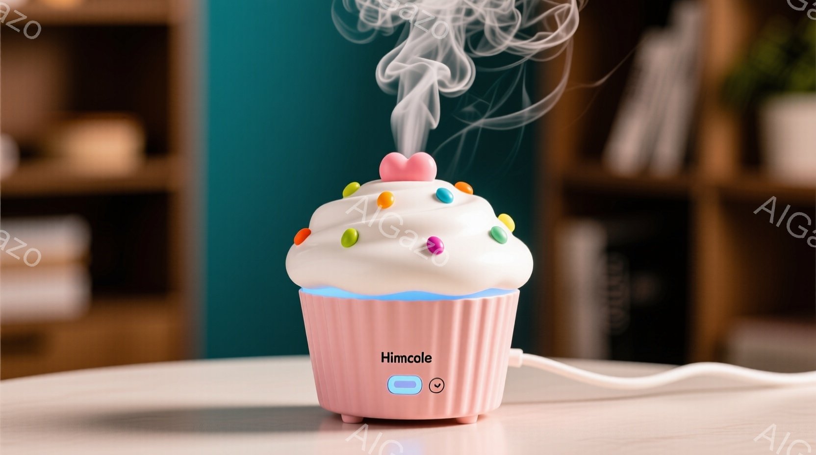 鮮やかなピンク色のカップケーキ型のアロマディフューザーが白いテーブルの上に置かれています。ディフューザーからは白い蒸気が立ち上り、カラフルなスプリンクルが飾られています。背景には木製の棚と植物が見え、明るく軽やかな雰囲気を醸し出しています。