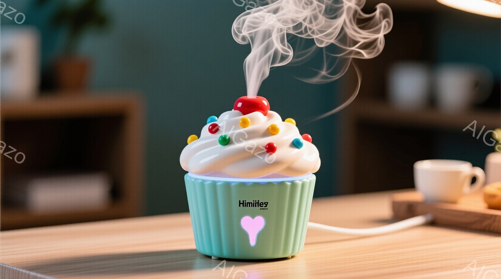 淡い緑色のカップケーキ型の加湿器が木製のテーブルの上に置かれています。クリームの上には赤いチェリーが飾り付けられ、カラフルなスプリンクルが散りばめられています。加湿器からは白い蒸気が立ち上り、背景にはぼやけた茶色の棚と白いカップが映っています。