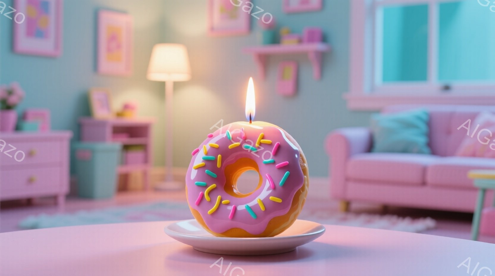 明るいピンク色のテーブルの上に、カラフルなアイシングとスプリンクルが乗ったドーナツが置かれた白い皿があります。ドーナツの中央には火のともったキャンドルが一本立っており、背景には薄いピンク色のソファや家 - AI生成フリー素材