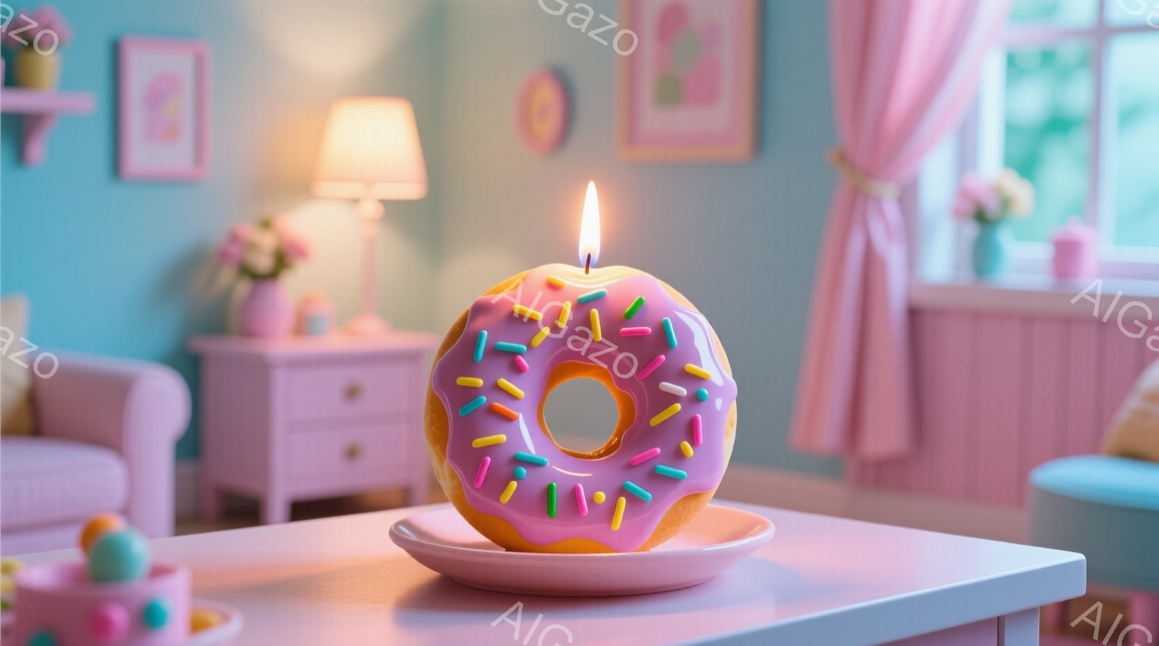 ピンク色のドーナツの形をしたキャンドルが、ピンク色のプレートの上に置かれています。背景は薄いピンクの壁と、窓から差し込む光で明るい部屋で、全体的に甘くて可愛らしい雰囲気が漂っています。ドーナツにはカラ - AI生成フリー素材