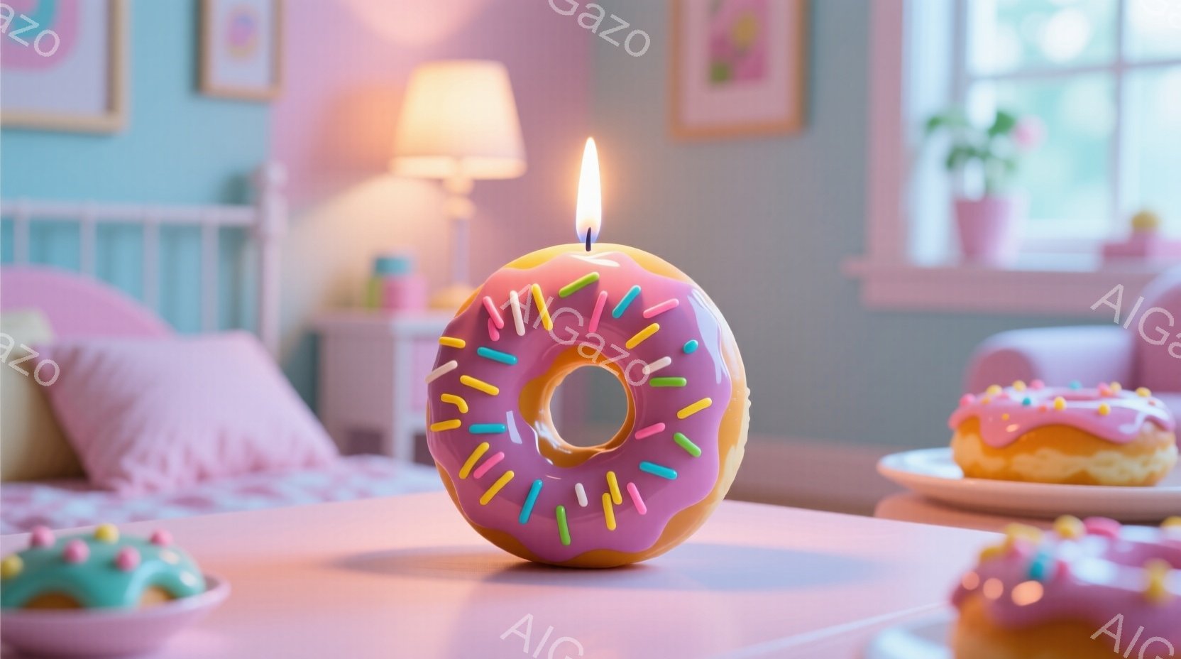 ピンク色のテーブルの上に、色とりどりのトッピングが施されたドーナツ型のキャンドルが置かれています。背景には、ピンクのベッドや植物、そして淡い色の壁が見え、温かく可愛らしい雰囲気が漂っています。 全体的 - AI生成フリー素材