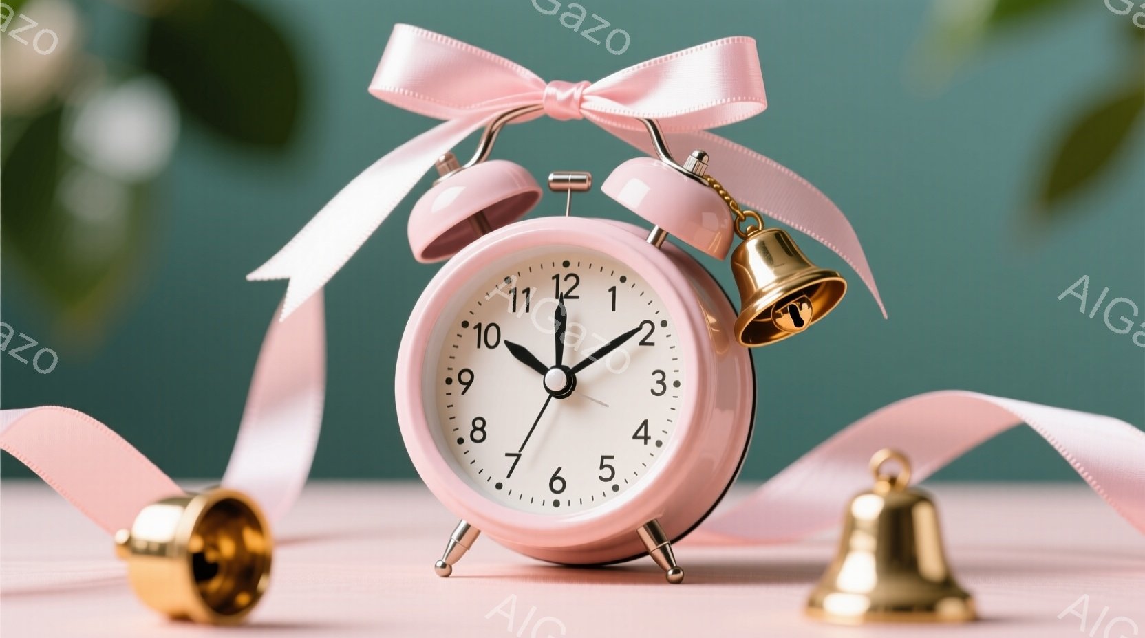 薄いピンク色の目覚まし時計が、白みがかったピンク色のテーブルの上に置かれている。時計の周りには、金色のベルが2つと、ピンクのリボンが巻き付いており、背景は淡い緑色で、全体的に柔らかく優しい雰囲気である。時計の針は午前8時半頃を指している。