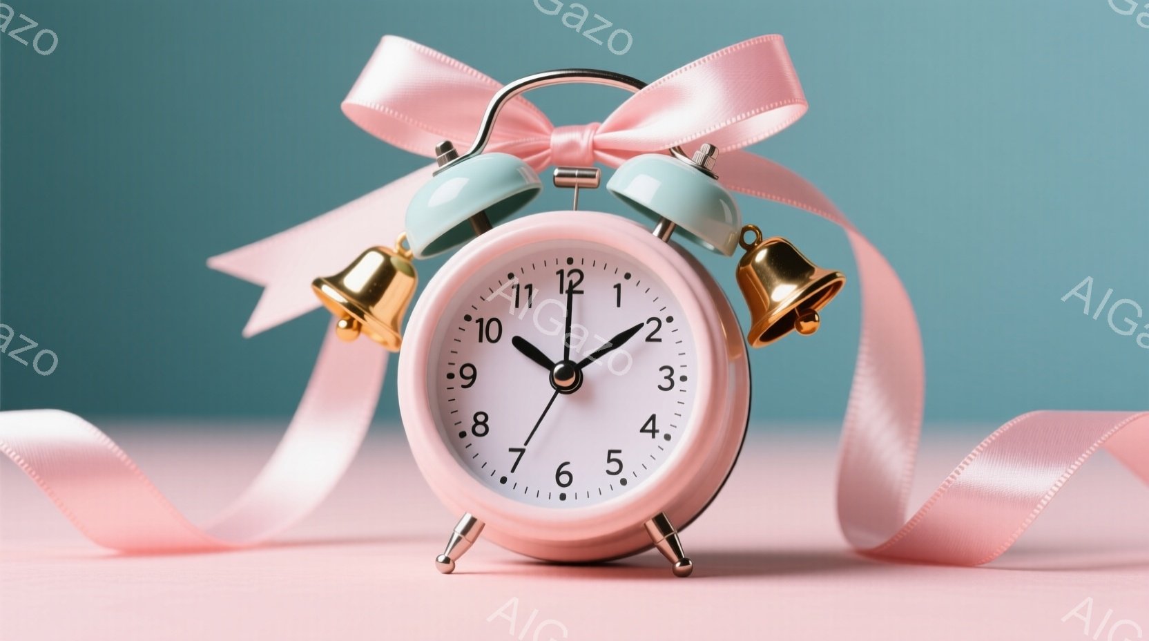 淡いピンク色の背景に、可愛らしい目覚まし時計が置かれています。時計は白地にピンクの文字盤で、金色の針が午前9時25分頃を指しています。時計の上には、薄いピンクのリボンが飾られており、全体的に柔らかく、温かい雰囲気を醸し出しています。