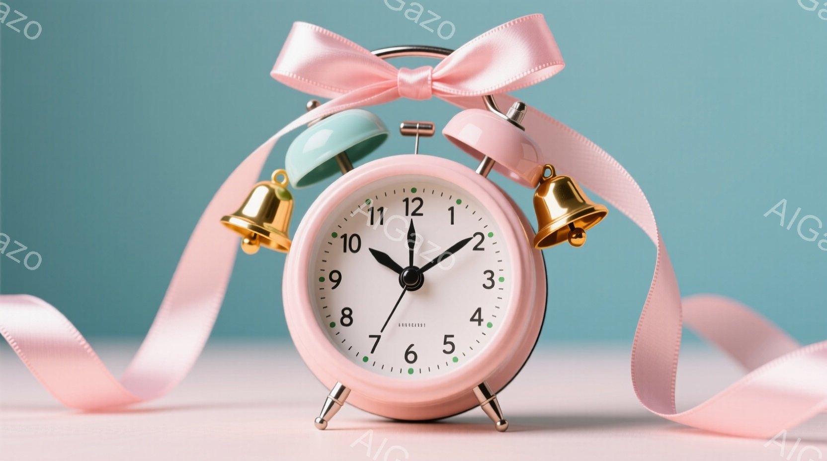 淡いピンク色の目覚まし時計が、薄いピンク色の台の上に置かれています。時計の針は9時少し過ぎを指しており、時計の上にはリボンが巻き付けられています。背景は水色で、全体的に柔らかく優しい雰囲気です。