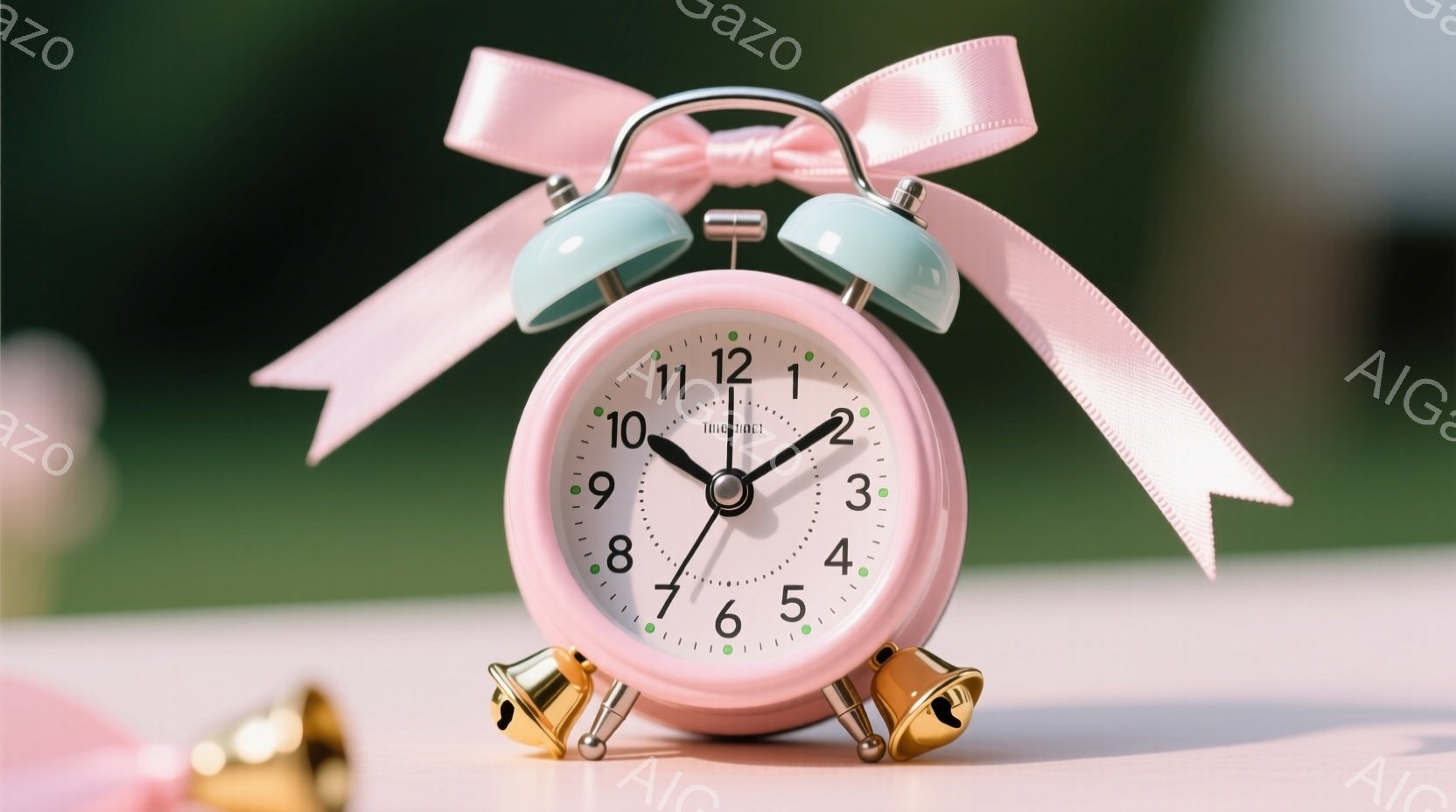 淡いピンク色の目覚まし時計が、明るい緑色の背景のテーブルの上に置かれています。時計は金色のベルと、ピンクのリボンで飾られており、時刻は午前8時を少し過ぎています。全体的に柔らかく、可愛らしい雰囲気で、 - AI生成フリー素材