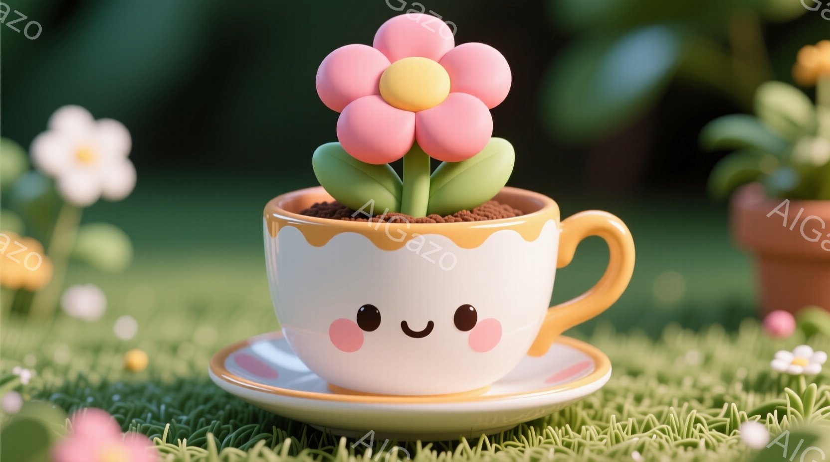 白いカップが花壇の中に咲いているように見えます。カップには可愛らしい顔が描かれており、中にはピンクとオレンジのチューリップのような花が咲いています。背景には緑の芝生と他の花がぼやけており、全体的に明るく優しい雰囲気です。