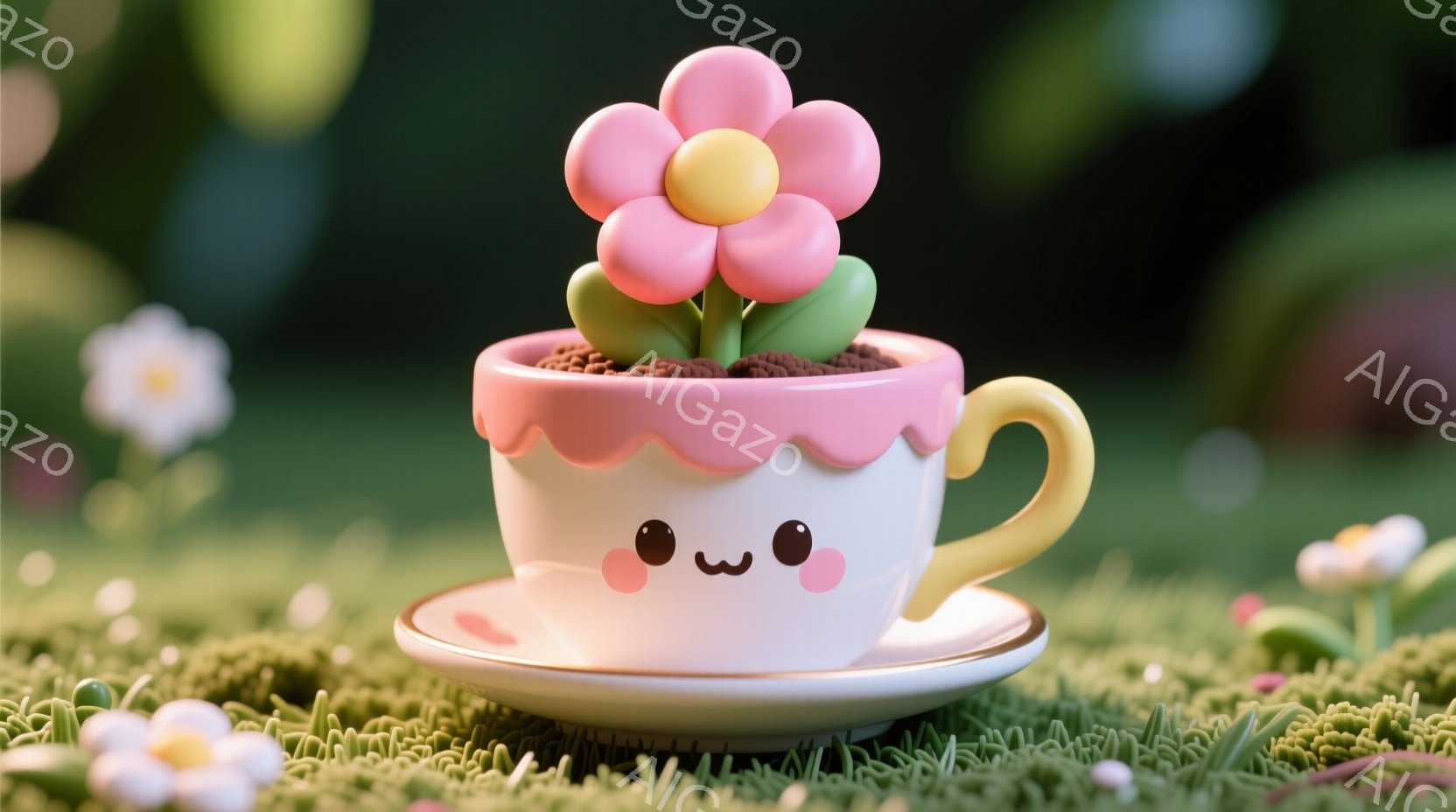 白いティーカップが、ピンク色の縁取りと可愛らしい顔で描かれており、中に茶色の土とピンク色の花が咲いています。背景は緑豊かな草地で、他の小さな花々も点在し、全体的に柔らかく夢のような雰囲気を醸し出してい - AI生成フリー素材