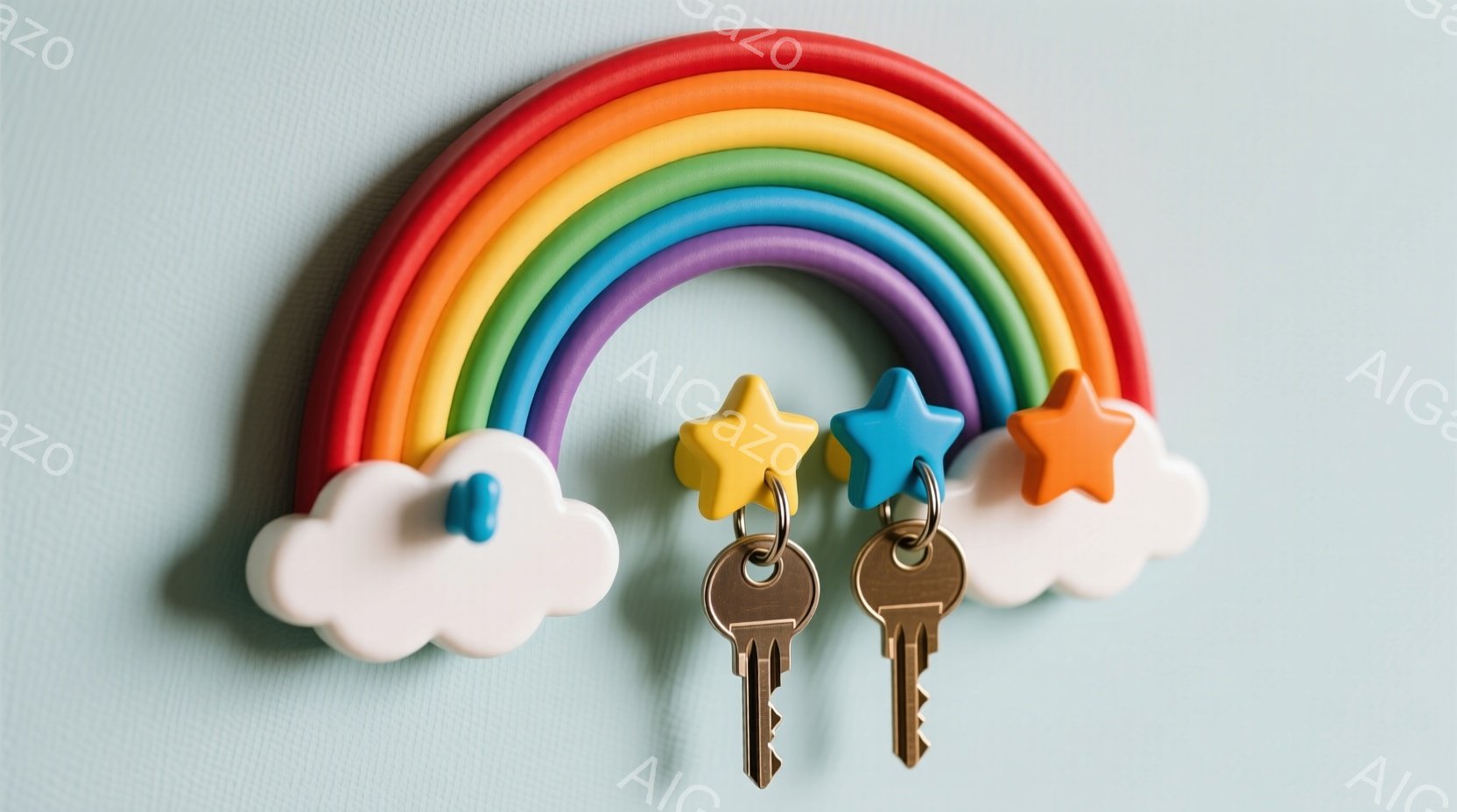 カラフルな虹の形のキーホルダーが、白い雲のモチーフと共に壁に飾られています。虹は赤、橙、黄、緑、青、紫の順に色が並び、雲からはそれぞれ異なる色の星と鍵がぶら下がっています。全体的に明るく、可愛らしい雰囲気が漂っています。