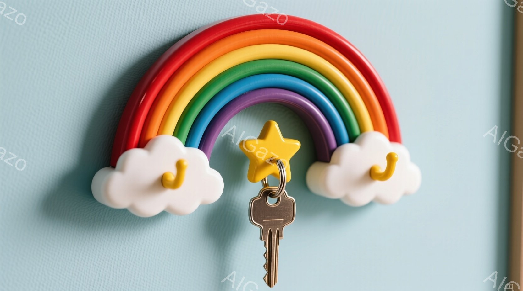 白い壁に、虹色のキーホルダーが取り付けられています。虹は赤、橙、黄、緑、青、紫の色で構成され、雲の形をしたキーチェーンと星型のチャームがついています。キーホルダーには、一般的な金属製の鍵がぶら下がっており、全体的に明るく可愛らしい雰囲気を醸し出しています。