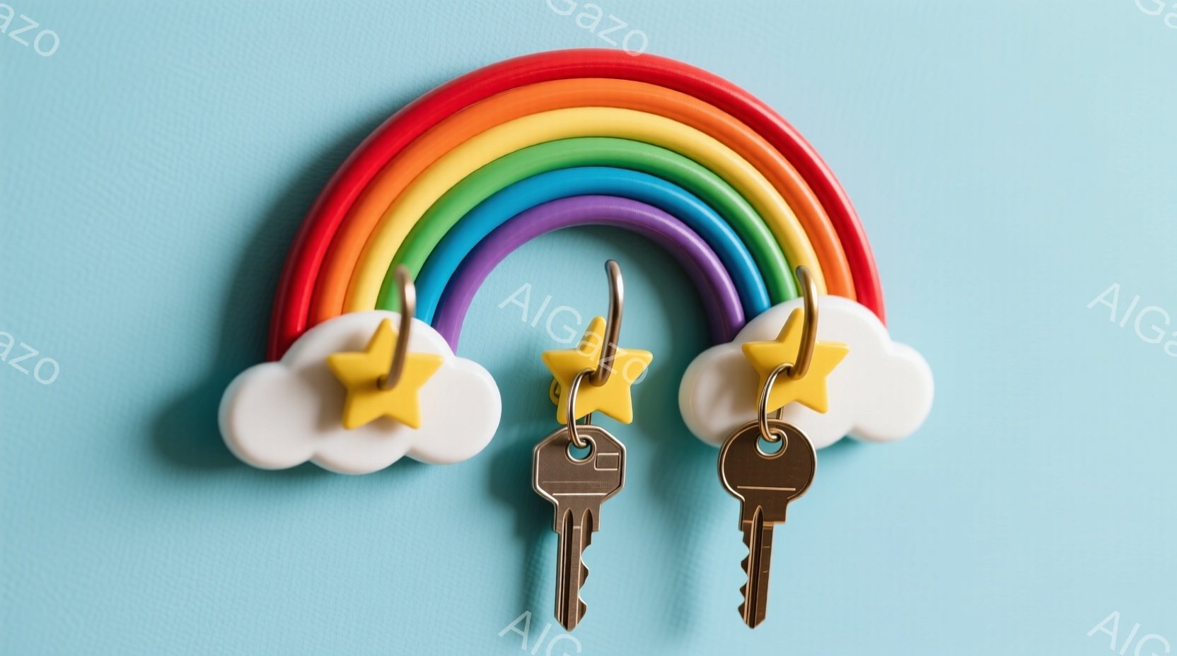 鮮やかな虹色のアーチが、淡い水色の背景に映えています。虹の下には、それぞれ星のモチーフがついた白い雲のキーホルダーが三つあり、雲から金属製の鍵がぶら下がっています。全体的に明るく、遊び心のある雰囲気で、希望や夢を連想させるイメージです。