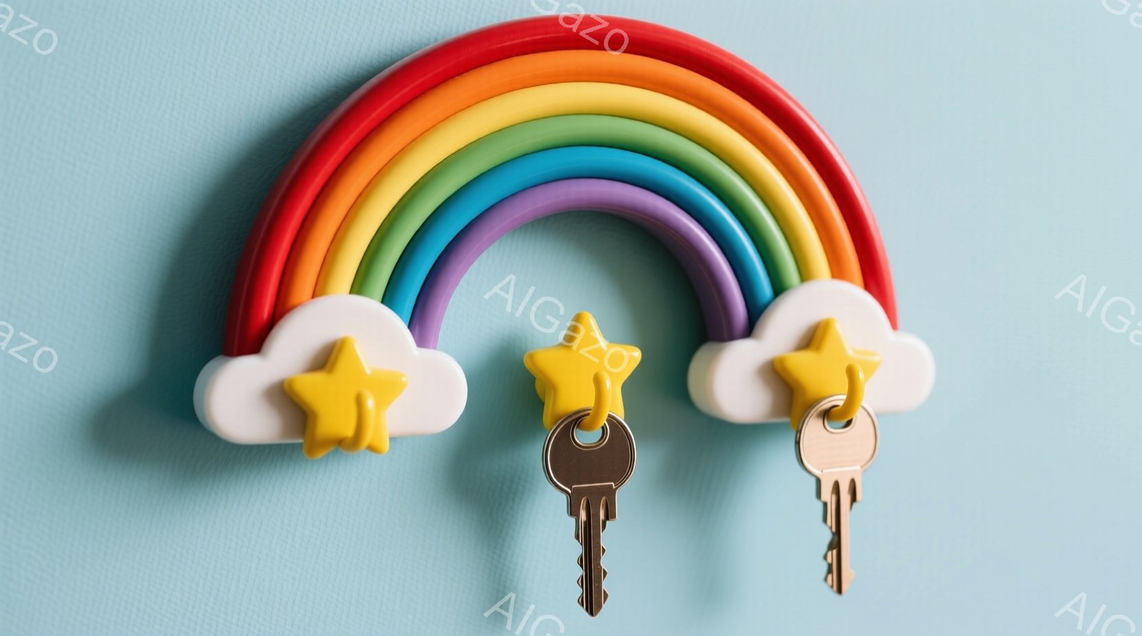 明るい水色の背景に、虹色のキーホルダーが飾られています。虹は赤、オレンジ、黄色、緑、青、紫の色彩で構成され、両端には白い雲と金の星がついています。キーホルダーからは、2つの金属製の鍵がぶら下がっており - AI生成フリー素材