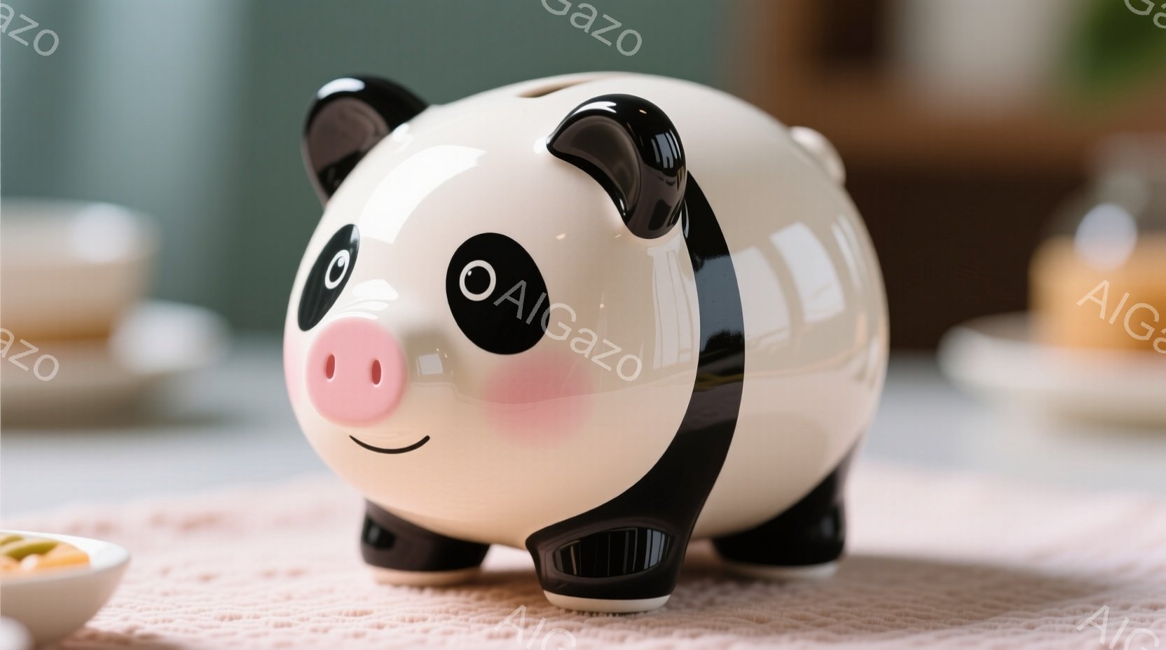 白地に黒い斑点模様の愛らしい子豚の貯金箱が、薄いピンク色の布の上に置かれています。つぶらな瞳とピンクの鼻が可愛らしく、穏やかな微笑みを浮かべています。背景にはぼやけた食器類が見え、温かみのある家庭的な雰囲気が漂っています。