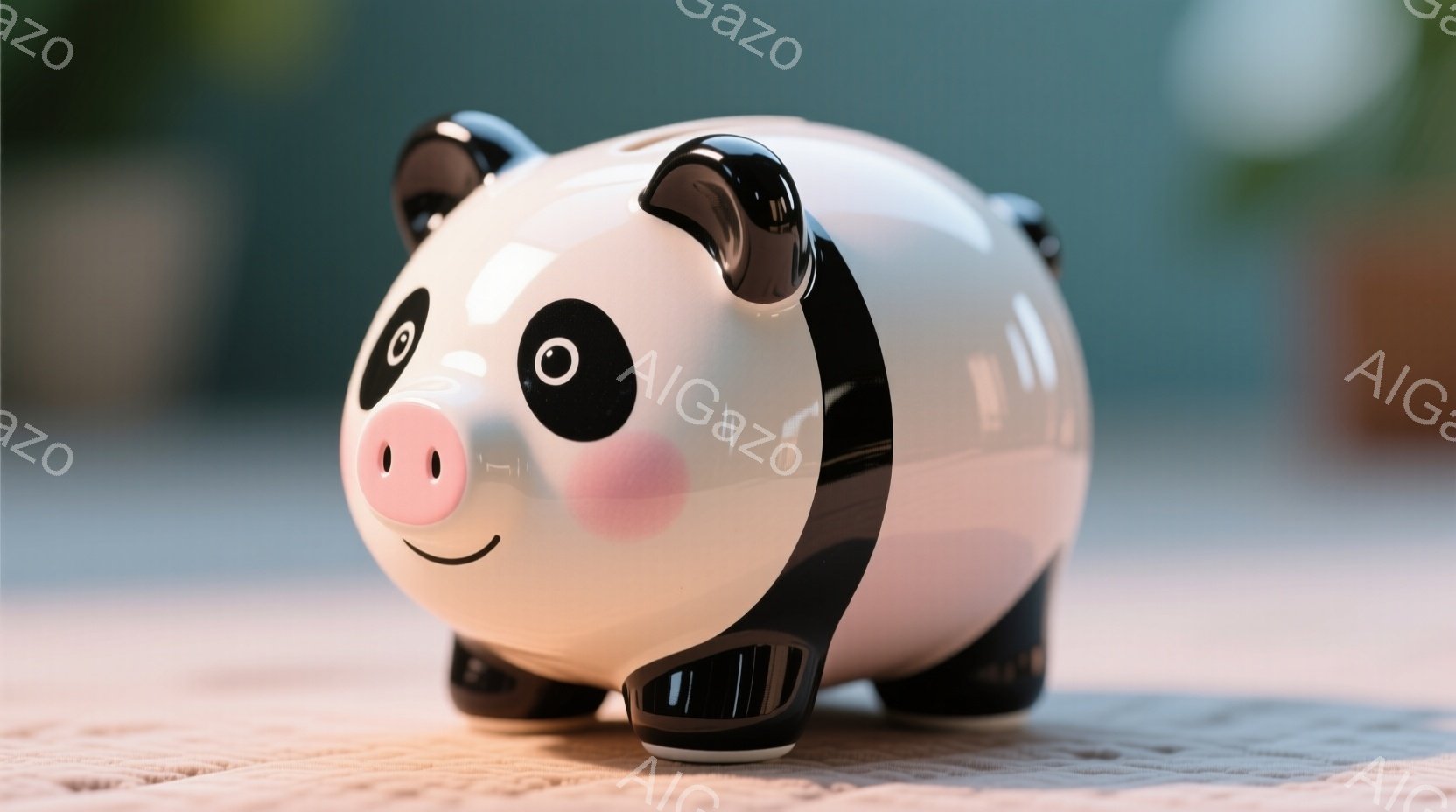 白地に黒い斑点模様の豚の貯金箱が、明るい背景をぼかして写っています。豚は微笑んでおり、つややかな質感で、丸みを帯びた可愛らしい姿をしています。背景は穏やかなグラデーションになっており、貯金箱が際立っています。