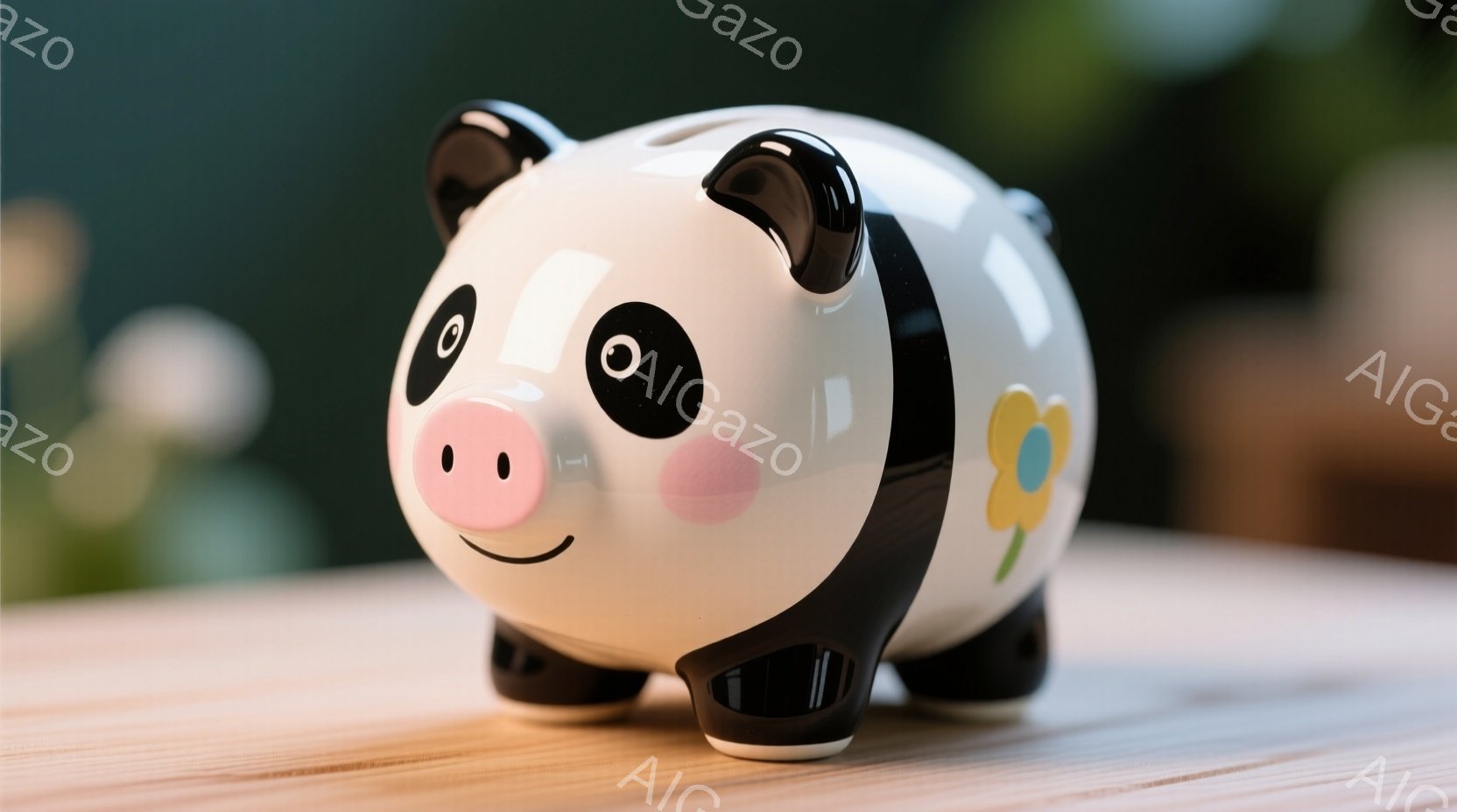 白地に黒い斑点模様のブタの貯金箱が木製のテーブルの上に置かれています。ピンクの頬と笑顔が可愛らしい表情を作り出しており、側面には黄色い花が描かれています。背景は緑色のぼやけた自然で、全体的に温かく穏やかな雰囲気です。
