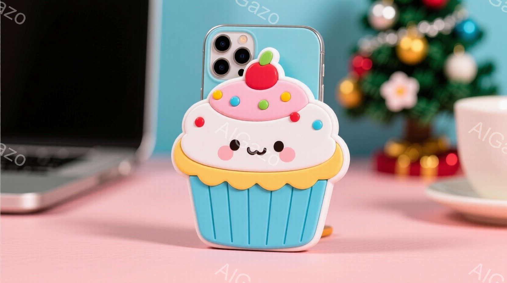 明るいピンク色のテーブルの上に、カップケーキの形をしたスマートフォンケースが置かれています。ケースは水色とクリーム色で、可愛らしい顔と赤いトッピングが特徴です。背景には、少しぼやけたクリスマスツリーと、白いソーサーとカップが見え、全体的に暖かく、遊び心のある雰囲気が漂っています。