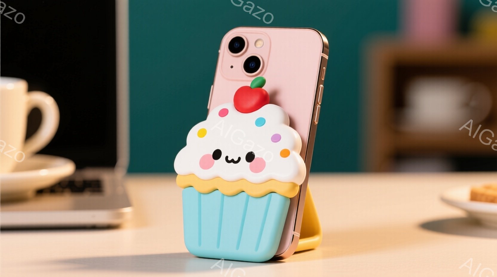 白い背景に、スマートフォンがカップケーキの形のケースに入って置かれています。ケースは水色のフリルと赤いイチゴのトッピングが施され、可愛らしい表情をしています。背景には、ノートパソコンや皿が見え、全体的 - AI生成フリー素材