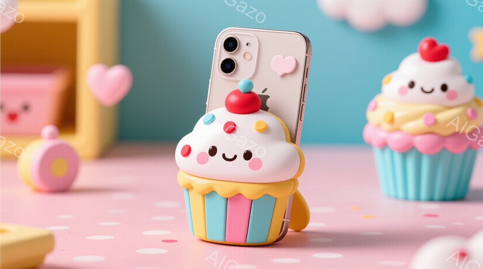 パステルカラーの背景に、スマートフォンがカップケーキのケースに入った可愛らしい光景が広がっています。クリームにはカラフルな粒々が散りばめられ、まるで本物のカップケーキのように見えます。背景には、パステルピンクの建物や白いハート、その他のカップケーキが配置され、全体的に甘く夢幻的な雰囲気を醸し出しています。