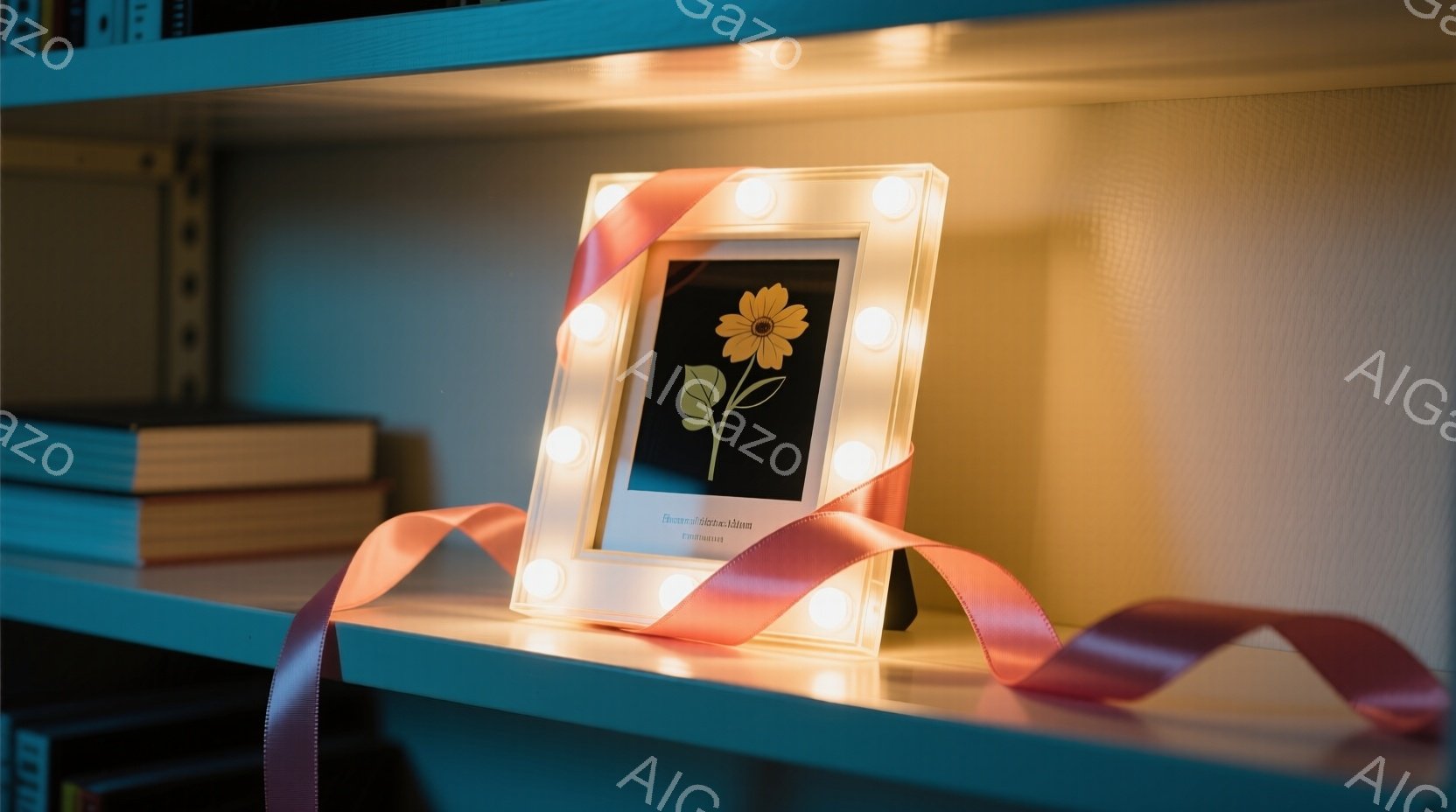 白い棚の上に、光るフレームに入った花の写真が飾られています。フレームはオレンジ色のリボンで飾り付けられ、周りを柔らかな光が照らしています。背景には本が並び、温かく穏やかな雰囲気を醸し出しています。 - AI生成フリー素材