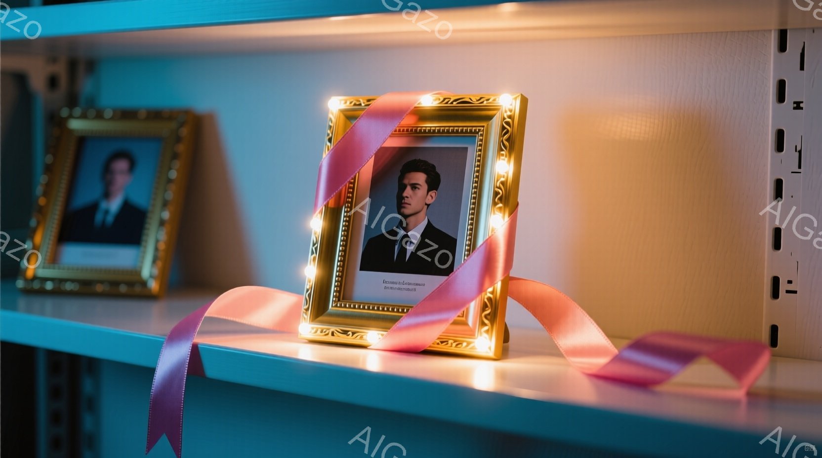 2つの額縁が棚に並べられています。右側の額縁には、黒いジャケットを着た若い男性が写っており、少し真剣な表情でカメラを見ています。ピンクのリボンが額縁を飾り、全体的に静かで追悼的な雰囲気が漂っています。