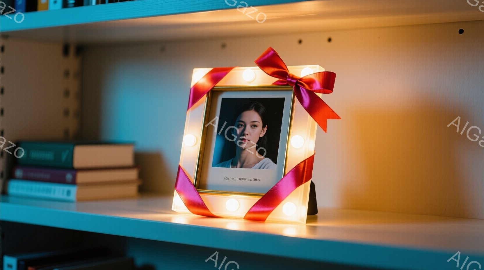 白い棚の上に、赤いリボンで飾られた光るフォトフレームが置かれています。フレームの中には、黒髪で白いトップスを着た女性が写っており、少し物憂げな表情をしています。背景には様々な本が並び、全体的に落ち着いた、暖かな雰囲気を醸し出しています。