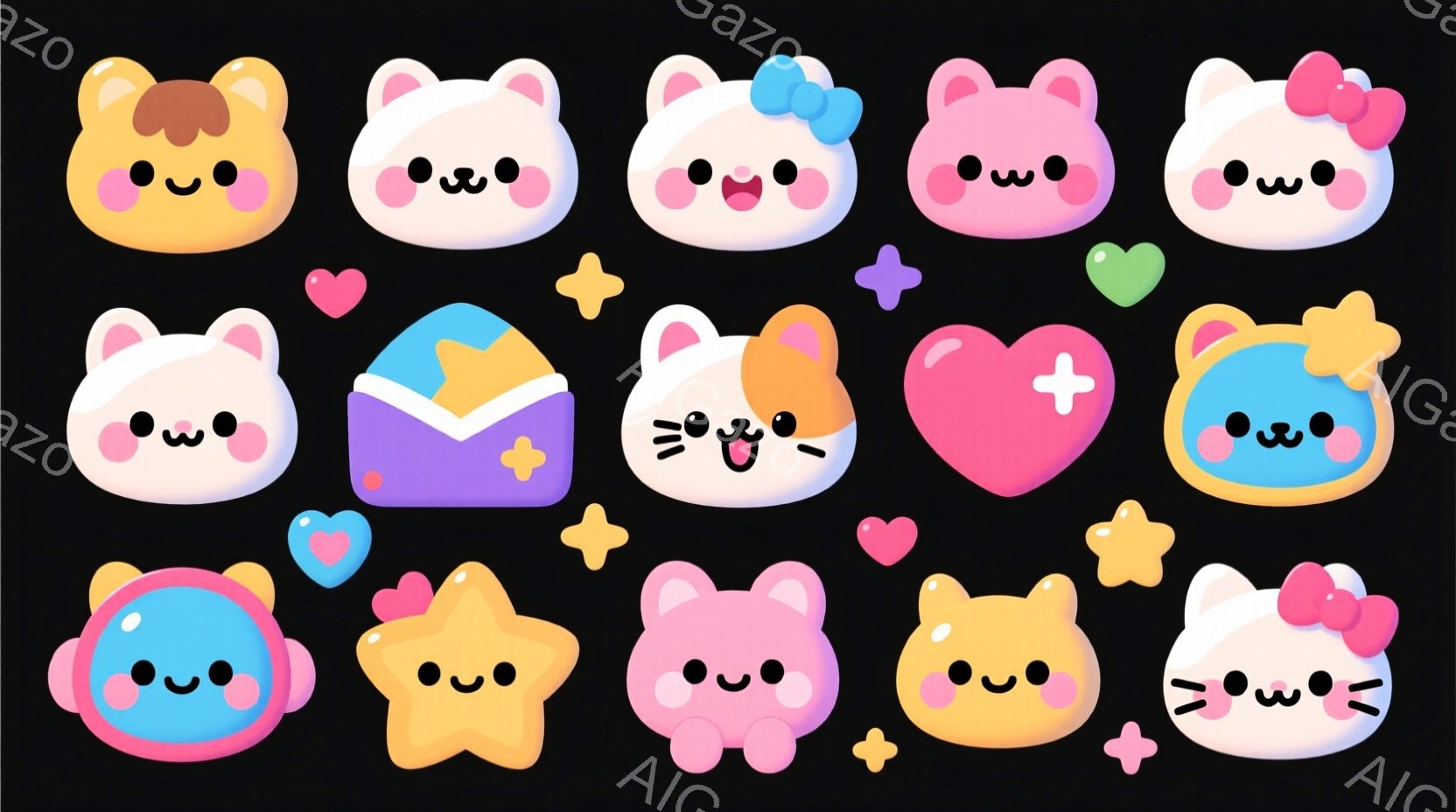 パステルカラーの可愛いキャラクターたちが、ピンクや水色、黄色などの背景に浮かんでいます。キャラクターは動物や星、手紙など様々な形をしており、それぞれに愛らしい表情が描かれています。背景にはハートや星形 - AI生成フリー素材