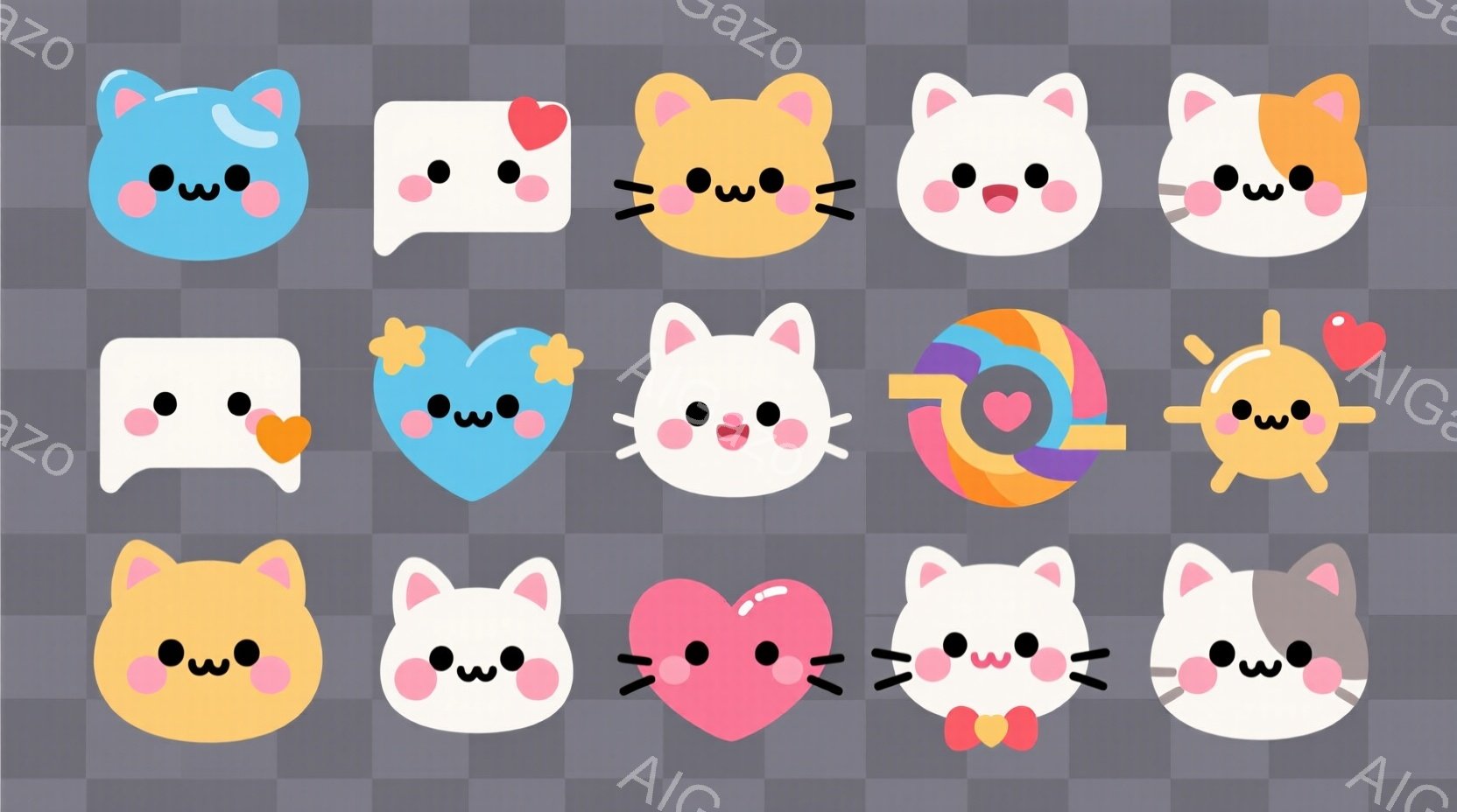 さまざまな表情と色をしたかわいい猫の顔とハート型のアイコンのコレクションです。猫はピンク、水色、オレンジ、白黒など多様な毛色をしており、それぞれ愛らしい表情を浮かべています。背景はグレーで、アイコンが際立っています。