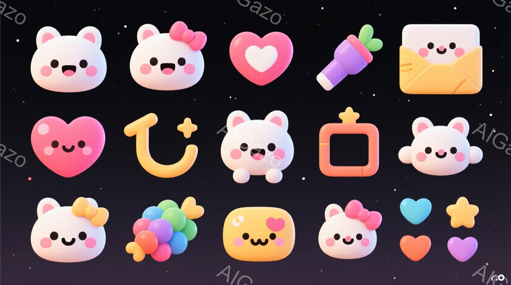 パステルカラーの可愛らしいオブジェクトのコレクションです。ピンク色のうさぎのキャラクターはリボンをつけており、笑顔で愛らしい表情をしています。ハート、星、食べ物、手紙など、さまざまな形と色があり、全体的に柔らかく、夢のような雰囲気を醸し出しています。