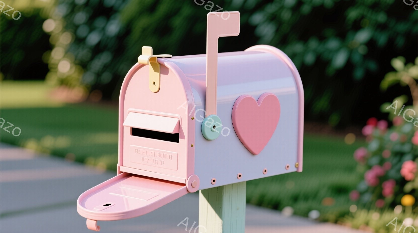 ピンク色の可愛らしい郵便受けが、木製の柱に設置されている。郵便受けの上部にはハート型の装飾がついており、全体的にパステルカラーで統一された優しい印象を与える。背景には緑豊かな草地とピンクの花がぼんやり - AI生成フリー素材