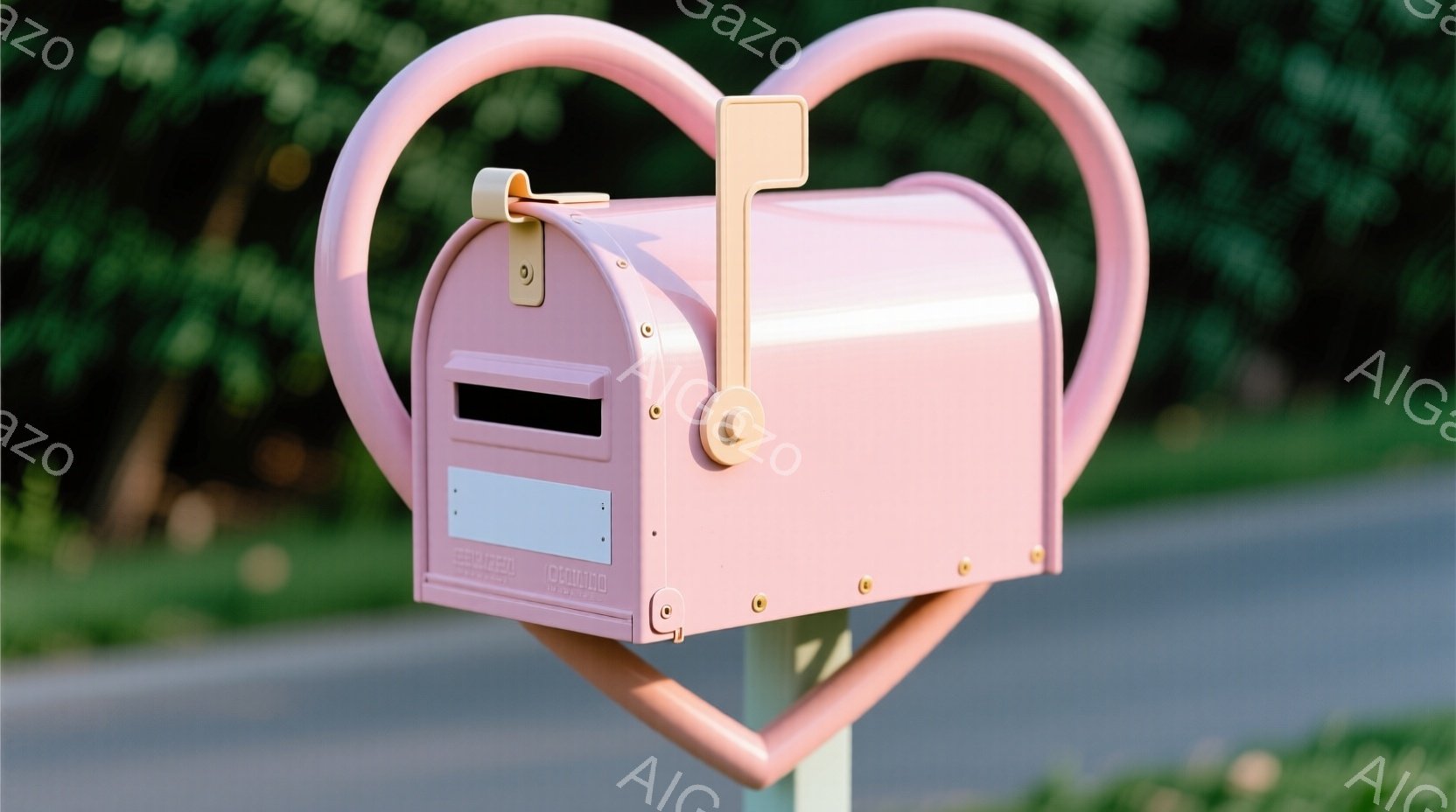 淡いピンク色の可愛らしい郵便受けが、緑豊かな背景に映えています。郵便受けはハート型で、上部には装飾的な取っ手が付いており、全体的に優しい印象を与えます。手前にアスファルトの道が伸びており、背景には緑の草木が見え、穏やかな夏の日の雰囲気が漂っています。