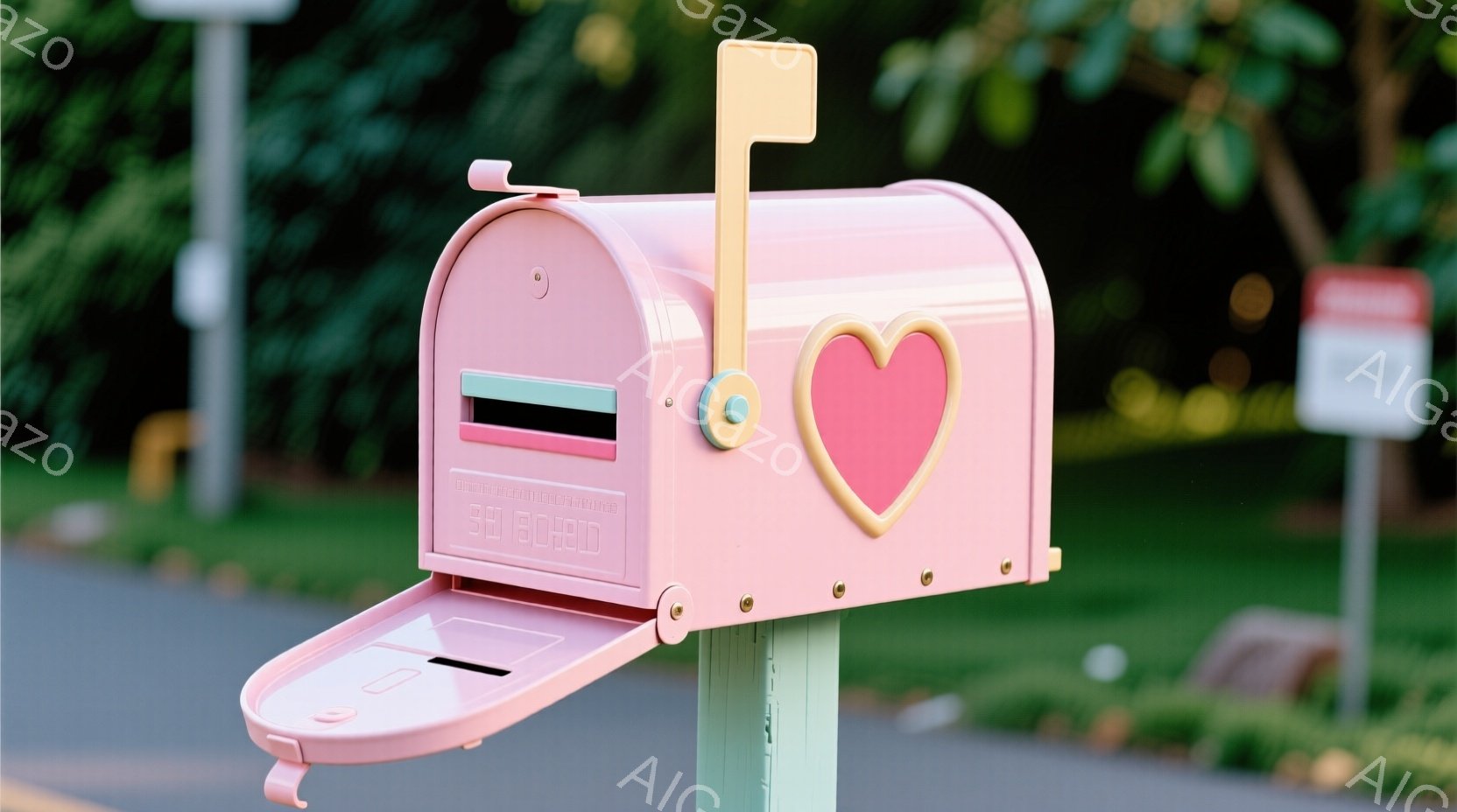 柔らかいピンク色の郵便受けが、浅緑色の支柱に取り付けられています。郵便受けにはハート型の装飾がついており、可愛らしい印象を与えます。背景には緑豊かな木々と舗装された道路が見え、晴れた日の穏やかな雰囲気 - AI生成フリー素材