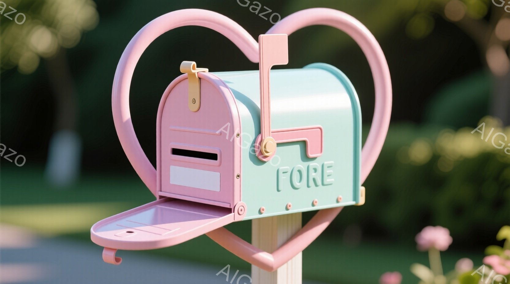 ピンク色の可愛らしいメールボックスが、白い支柱に取り付けられています。メールボックスには「FORE」という文字が刻印されており、周囲には緑豊かな植物とぼやけた背景の住宅が見えます。全体的に柔らかい光とパステルカラーが、穏やかで心地よい雰囲気を醸し出しています。