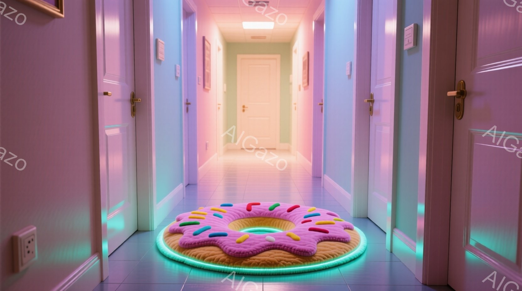 長い廊下の床に、大きなドーナツ型のラグが置かれています。壁はパステルカラーで、廊下に沿ってネオンライトが輝いており、どこか夢のような雰囲気を醸し出しています。ドアは白く、シンプルなデザインで、廊下の奥 - AI生成フリー素材