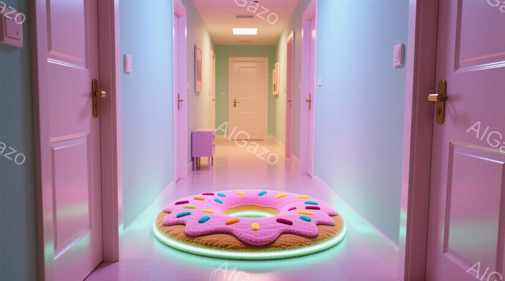 鮮やかなピンクと水色のグラデーションが壁に施された廊下が写っている。廊下の床には巨大なドーナツ型のラグが敷かれており、その周りをネオンカラーの光が囲んでいる。背景には、閉じた白色のドアが左右に並び、奥 - AI生成フリー素材