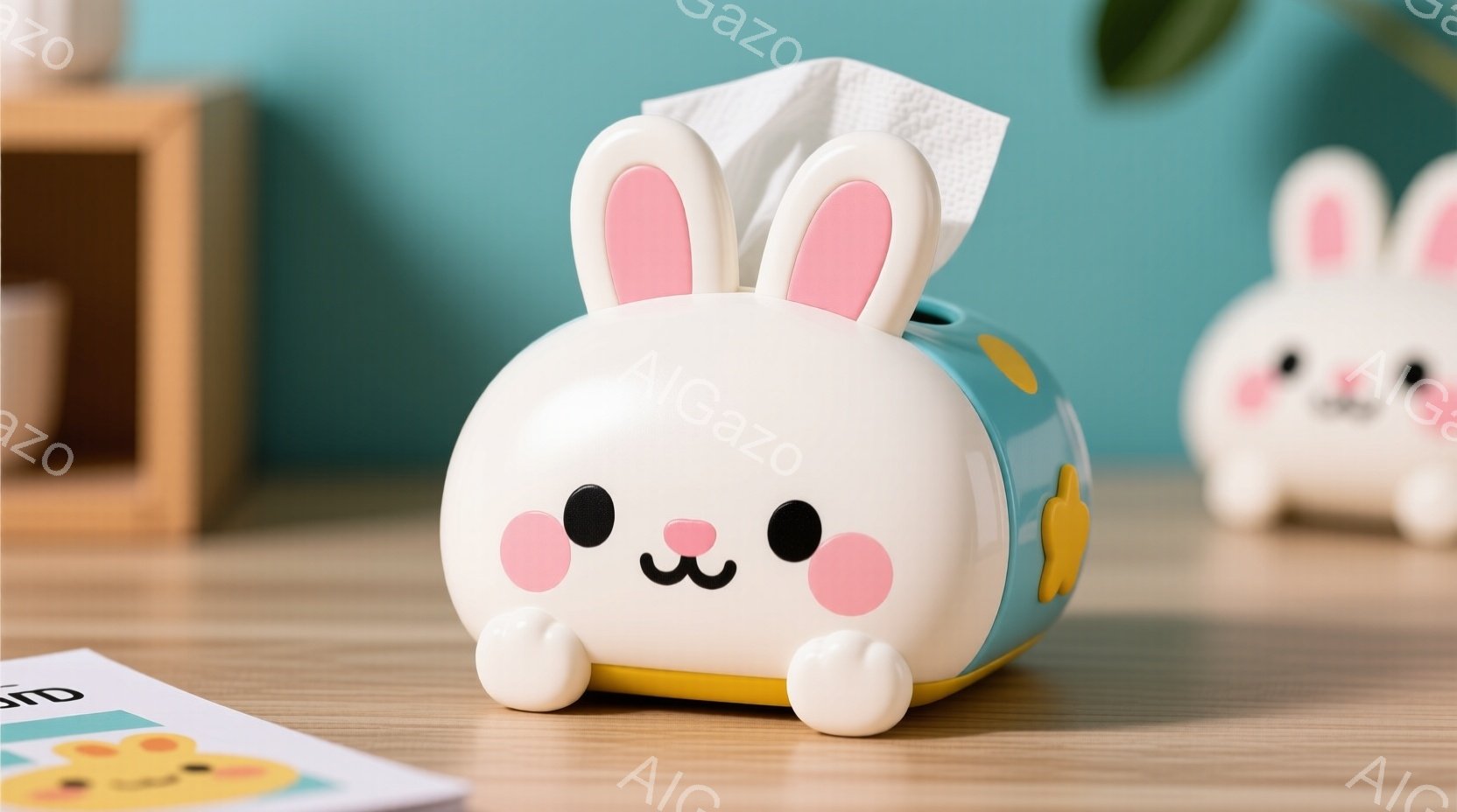 明るい木製のテーブルの上に、うさぎの形をしたティッシュボックスが置かれています。パステルカラーのうさぎは、丸い頬と愛らしい表情をしており、ピンクの鼻と白い足が特徴的です。背景にはぼやけた植物と、同じくうさぎの形をした別のオブジェクトが見え、全体的に柔らかく温かい雰囲気です。