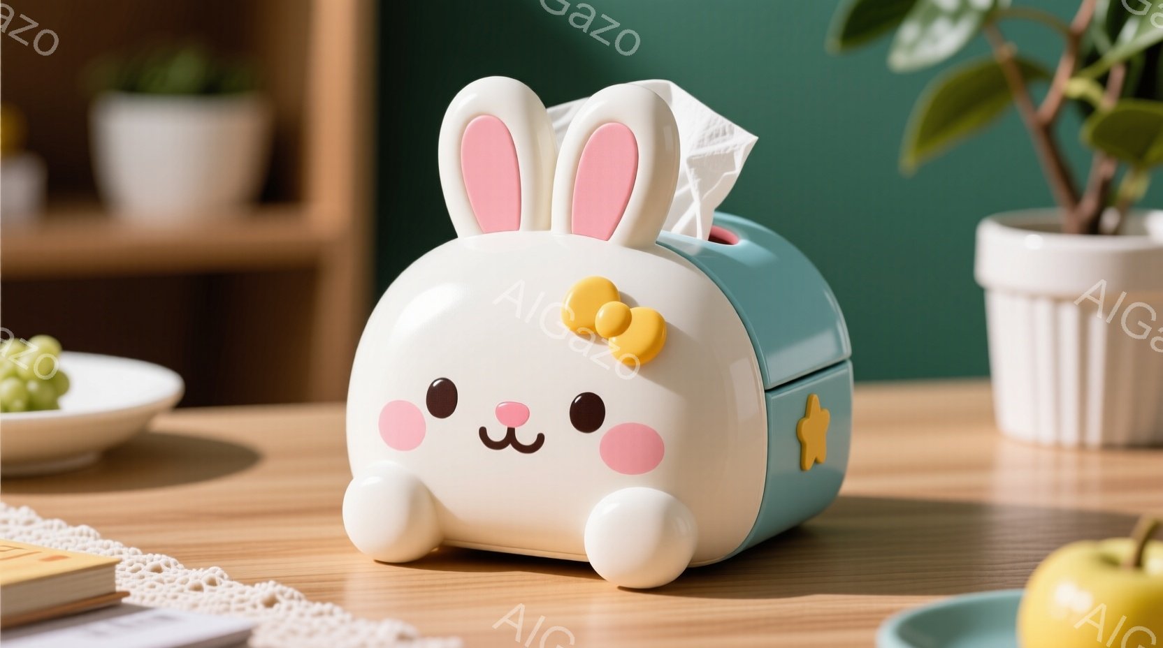 淡いクリーム色の可愛らしいウサギの形のティッシュボックスが木製のテーブルの上に置かれています。ピンクの頬と小さな口が愛らしい表情を作り出し、明るい緑色の背景と白いレースの敷物が柔らかい雰囲気を演出しています。テーブルの上には、ぶどうやリンゴなどの果物と、植物が置かれた白い陶器の容器が見えます。