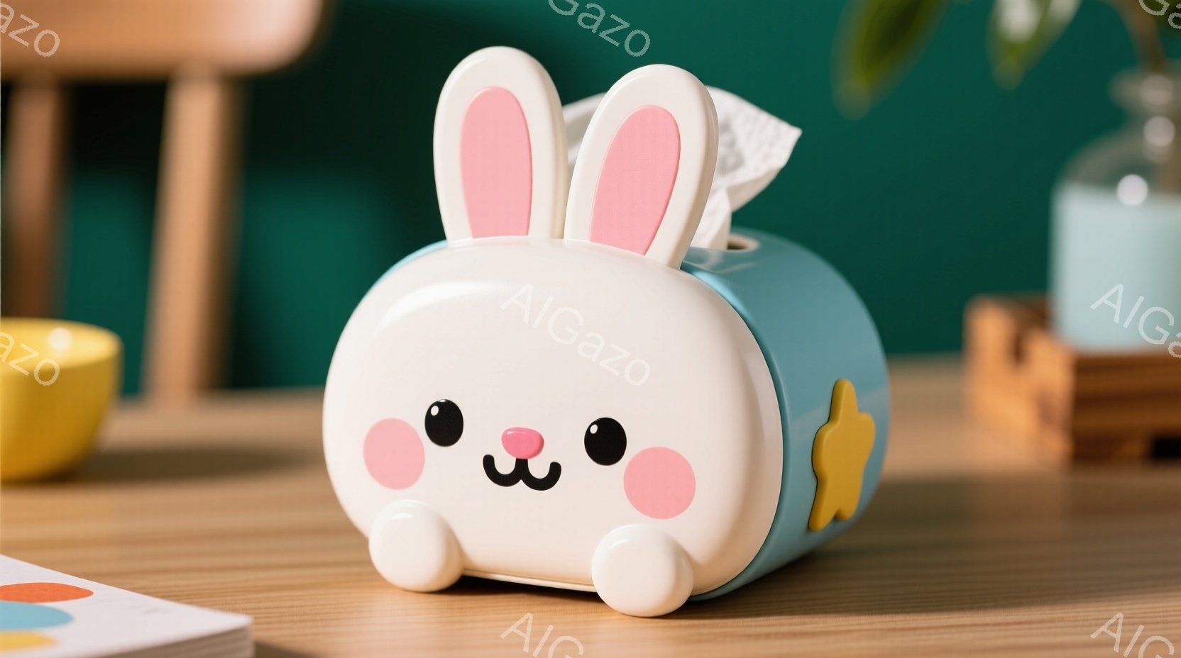 明るい青色の背景に、白いウサギの形のティッシュボックスが置かれています。ピンクの頬と小さな口が可愛らしく、丸い足が特徴的です。背景には、淡い黄色の器や木製の箱が見え、全体的に温かみのある、穏やかな雰囲気です。