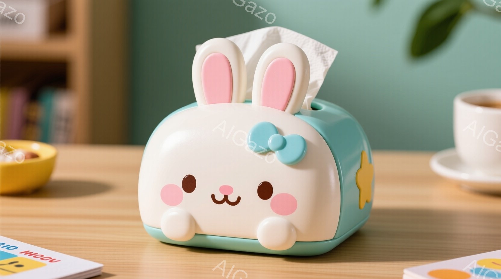 明るい木製のテーブルの上に、可愛らしいウサギの形をしたティッシュボックスが置かれています。パステルブルーの本体に、ピンクの頬と耳、そして白い足が特徴的で、穏やかな微笑みを浮かべています。背景にはぼやけた本棚と、温かい色の液体が入ったカップが見え、全体的に優しい雰囲気です。