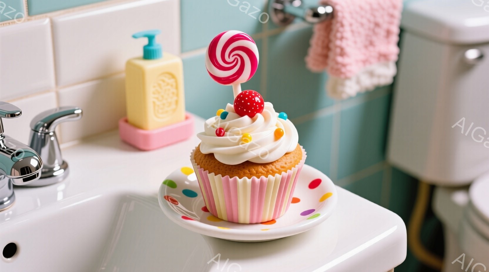 白い洗面台の上に、カラフルなラッピングペーパーに包まれたカップケーキが置かれています。カップケーキには白いクリームが乗っており、赤いスプリンクルとカラフルな粒状の装飾、そしてピンクと白の渦巻き模様のキャンディがトッピングされています。背景には、パステルブルーのタイル、ピンク色の石鹸置き、水色のタオル、そしてトイレの一部が見え、全体的にポップで遊び心のある雰囲気が漂っています。
