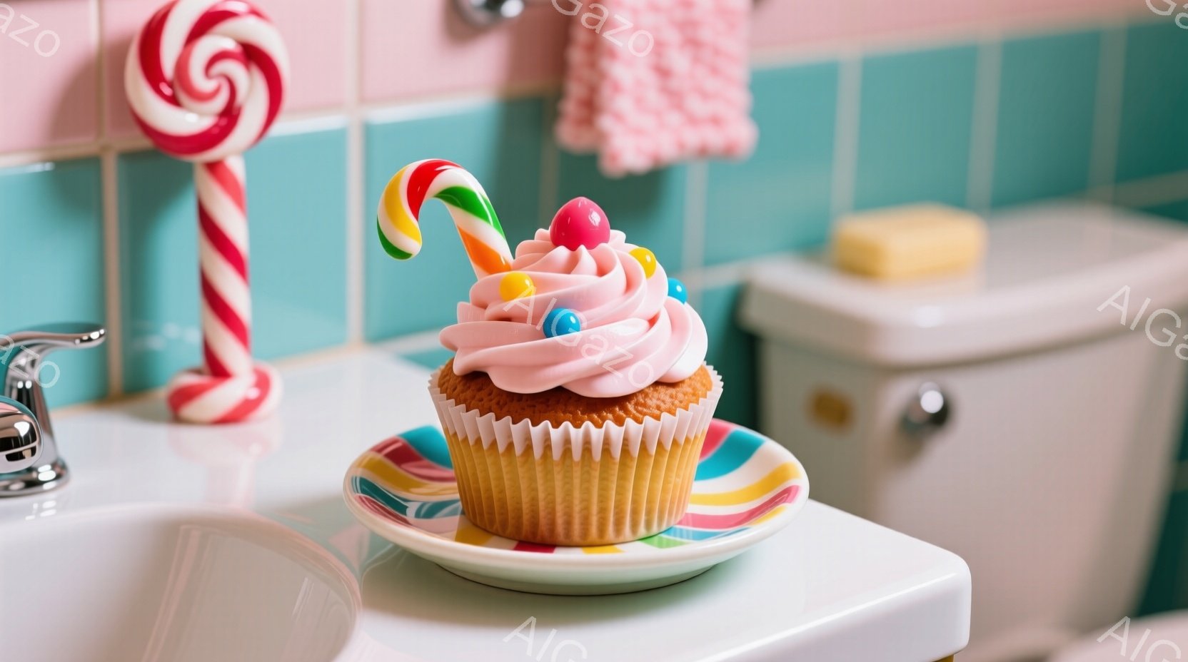 白い洗面台の上に、ピンク色のフロスティングとカラフルなスプリンクルを飾ったカップケーキが置かれています。背景には、パステルピンクのタイルと、キャンディケーンが立っており、レトロでポップな雰囲気です。石鹸が置かれた便器がわずかに見え、全体的に甘くて少し奇妙な、遊び心のある光景を作り出しています。