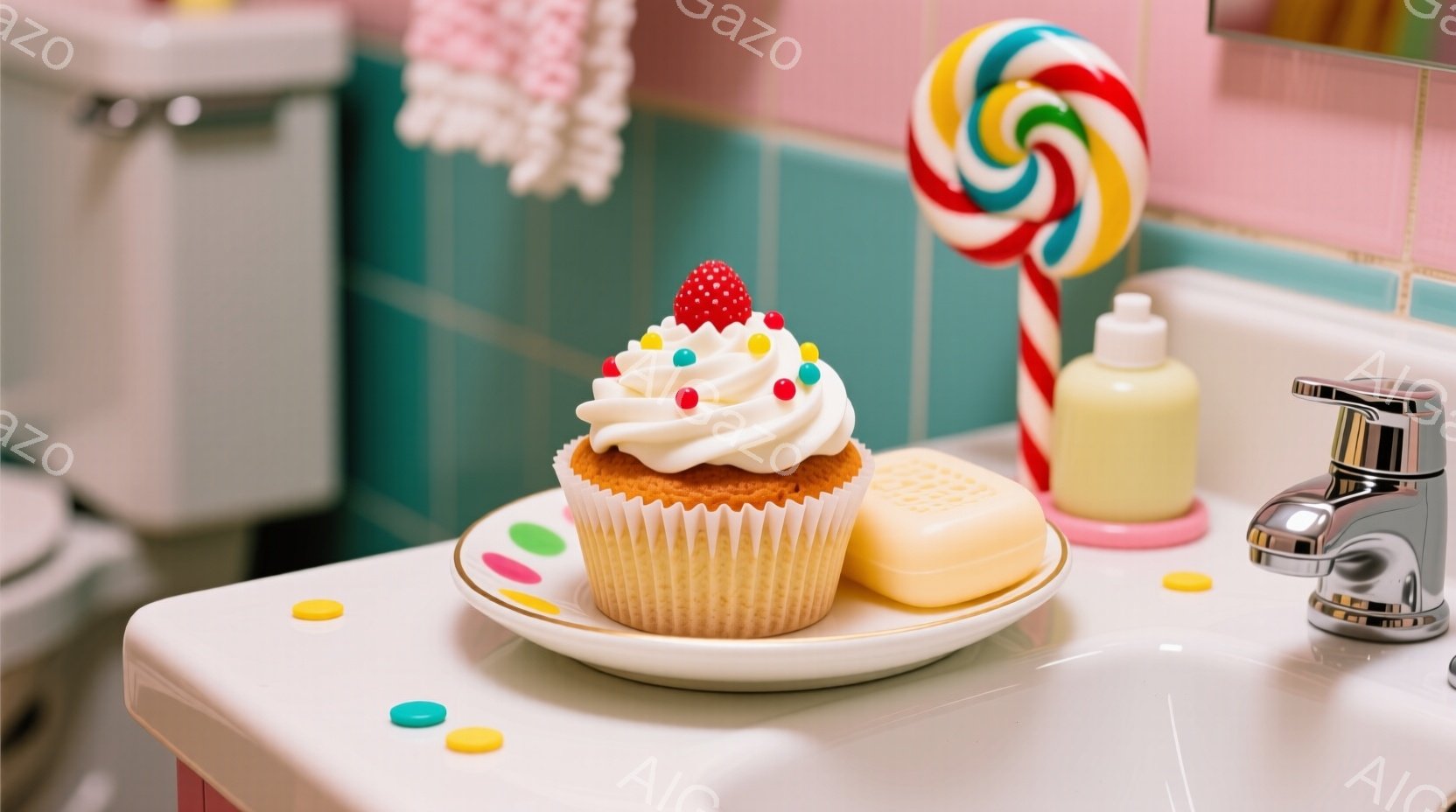 白い洗面台の上に、クリームとイチゴが飾られたカップケーキが載っています。背景にはパステルピンクと水色のタイルがあり、キャンディの杖と石鹸が並んでいます。全体的に、明るく遊び心のある、お菓子のような雰囲気が漂っています。