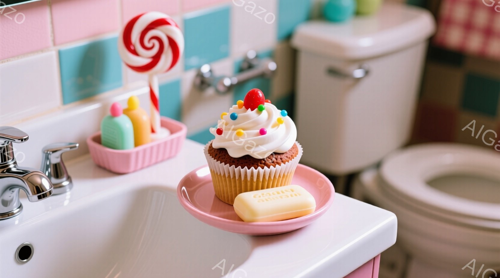 白い洗面台の上に、カラフルなスプリンクルと赤いチェリーが飾られたカップケーキが置かれたピンク色の皿が載っている。背景には、ピンク色のソープディッシュ、トイレ、そしてパステルカラーのタイル張りの壁が見え - AI生成フリー素材