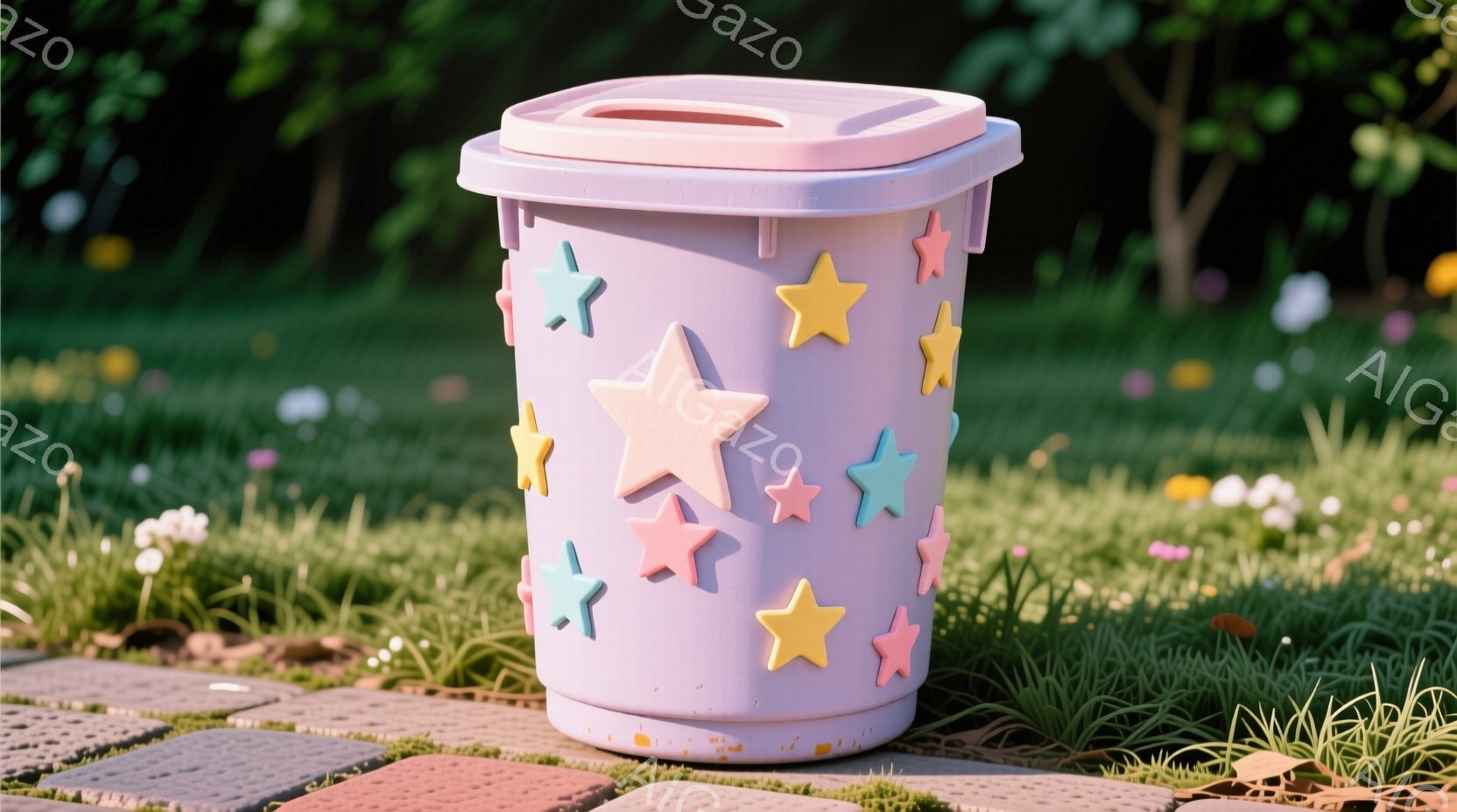 明るい紫色をした星のモチーフが貼り付けられたゴミ箱が、緑色の芝生と小さな花が咲く庭の上に置かれています。ゴミ箱は赤茶色のタイル敷きの地面に立っており、背景には緑豊かな木々が見えます。全体的に、穏やかで - AI生成フリー素材