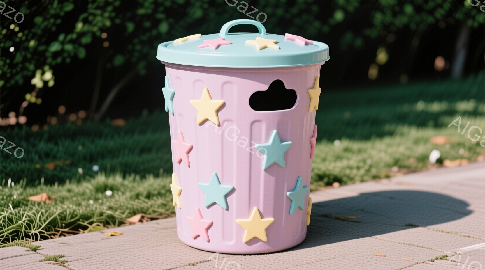 淡いピンク色の星のモチーフが並んだ可愛らしいゴミ箱が、灰色の舗装路の端に置かれています。ゴミ箱は薄い水色の蓋をしており、正面には雲のような形の開口部があります。背景には緑豊かな草が生い茂り、柔らかな日差しが降り注いでおり、全体的に穏やかで優しい雰囲気です。