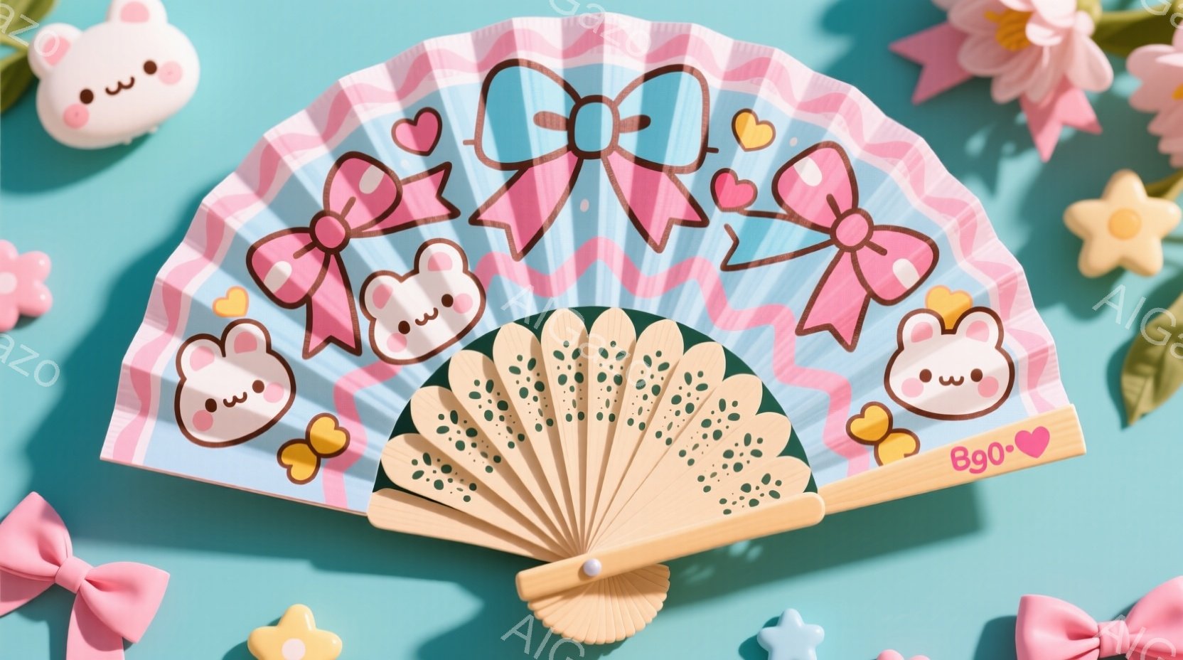 鮮やかな水色の背景に、開いた扇子が中央に配置されています。扇子は、白地にピンクと水色のストライプ模様で、縁はクリーム色です。扇子の周りには、ピンクのリボンとクリーム色の小さな雲のようなモチーフが散りばめられ、可愛らしい雰囲気を醸し出しています。