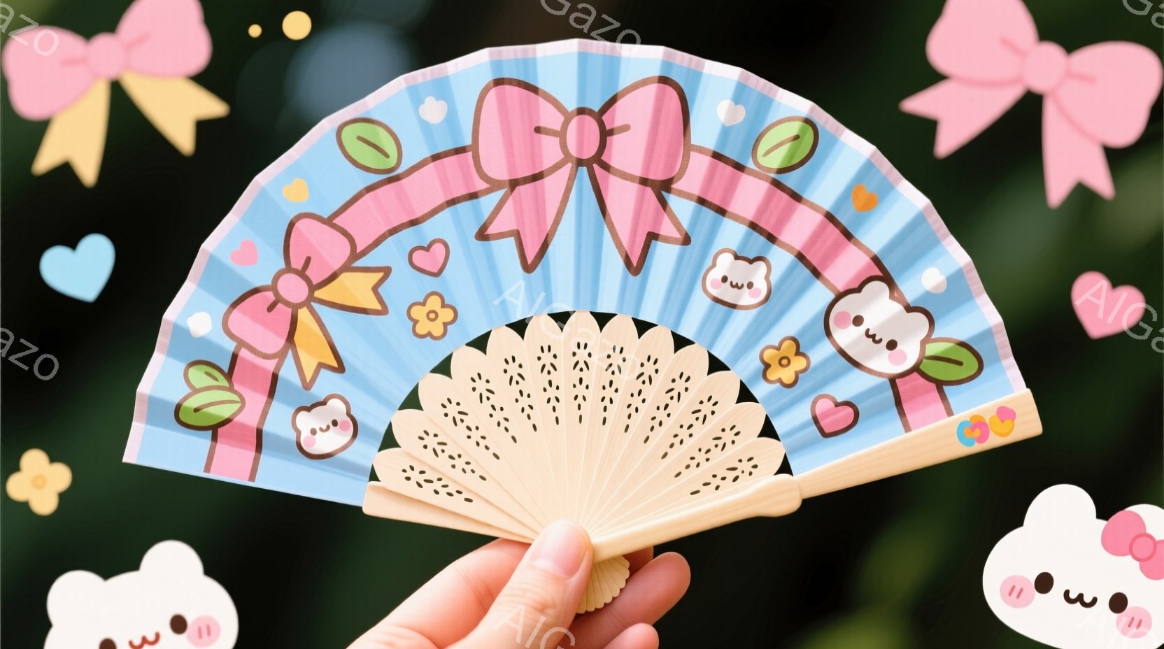 ピンクと水色の扇子を女性の手が持っている様子を捉えています。扇子にはかわいらしい雲とリボン、ハートの模様が描かれており、背景にはパステルカラーの雲のようなモチーフが散りばめられています。全体的に、甘くて夢のような、可愛らしい雰囲気が漂っています。